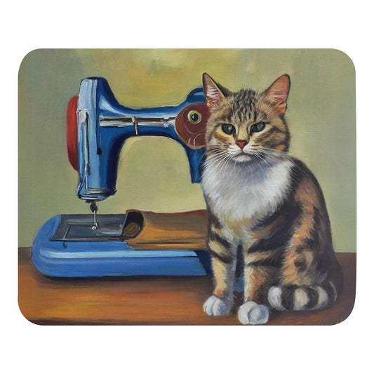 Artistic Mouse Pad with "Sewing Cat" Graphic Design, the perfect gift for people who love to sew