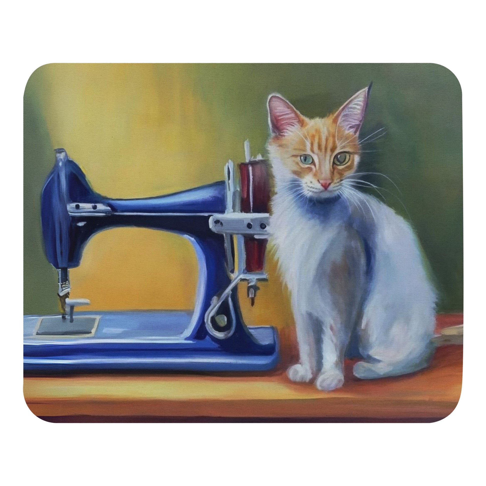 Artistic Mouse Pad with "Sewing Cat" Graphic Design, the perfect gift for people who love to sew