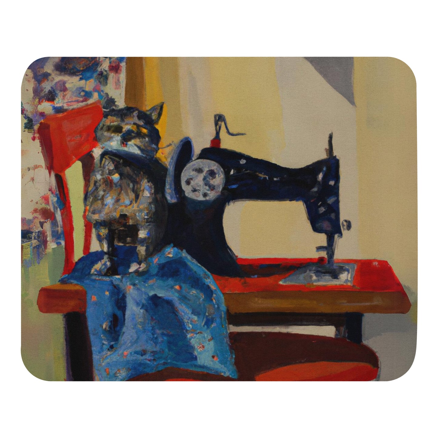 Artistic Mouse Pad with "Sewing Cat" Graphic Design, the perfect gift for people who love to sew