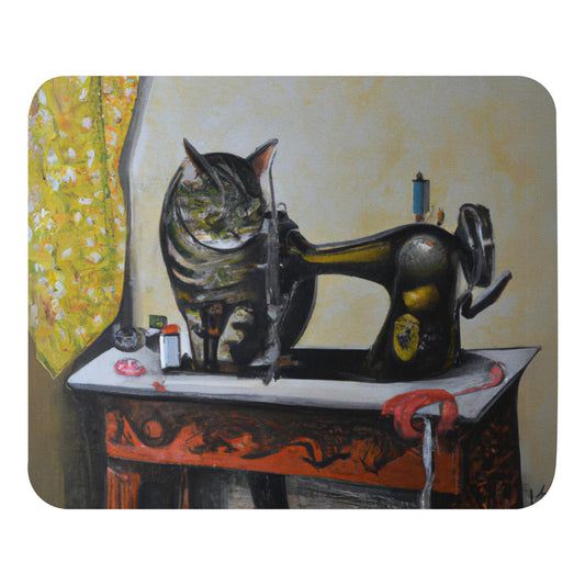 Artistic Mouse Pad with "Sewing Cat" Graphic Design, the perfect gift for people who love to sew