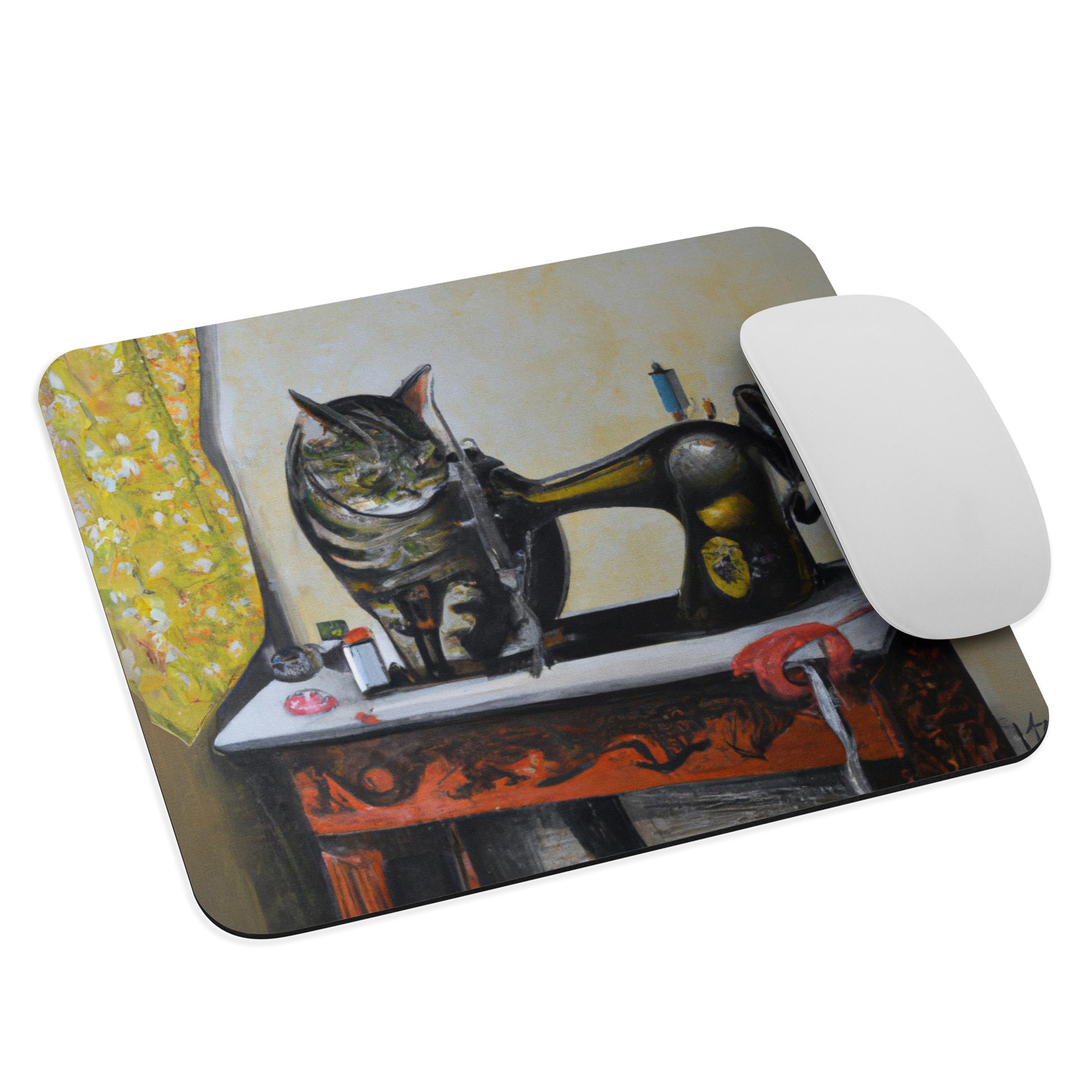 Artistic Mouse Pad with "Sewing Cat" Graphic Design, the perfect gift for people who love to sew