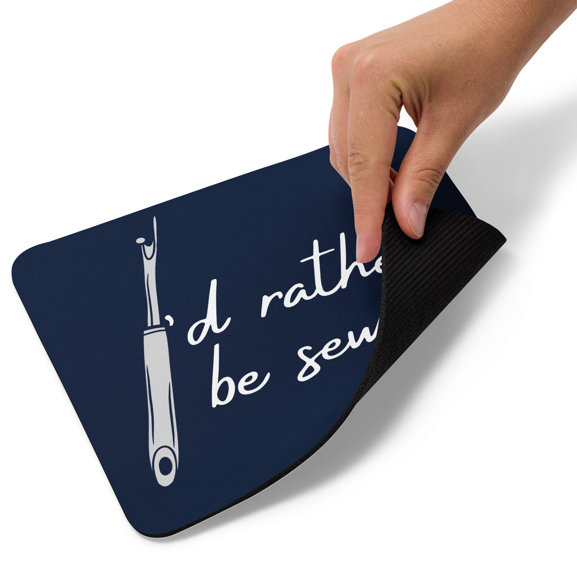 Navy Mouse Pad  with "I'd Rather Be Sewing" design, the perfect gift for people who love to sew