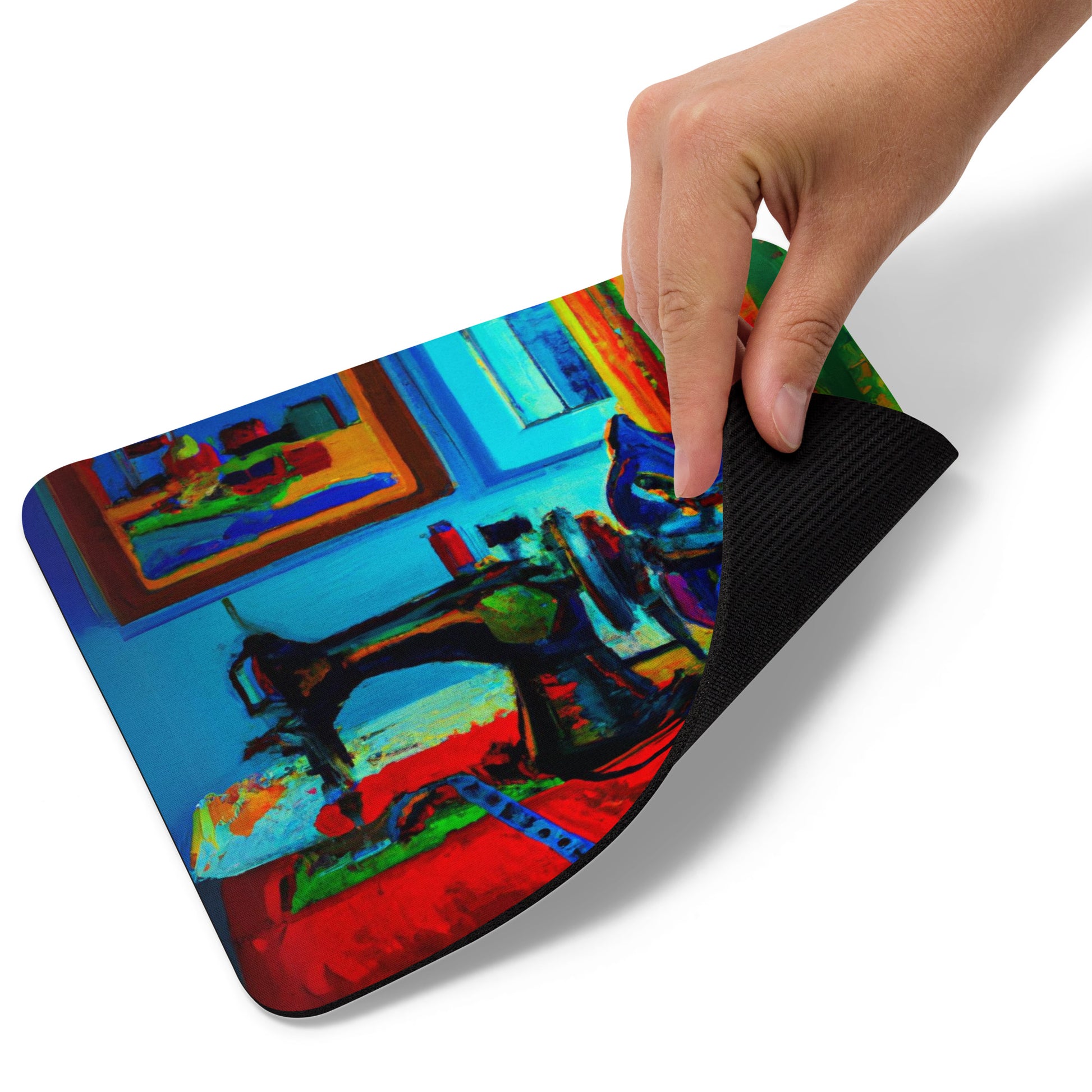 Artistic Mouse Pad with "Sewing Cat" Graphic Design, the perfect gift for people who love to sew