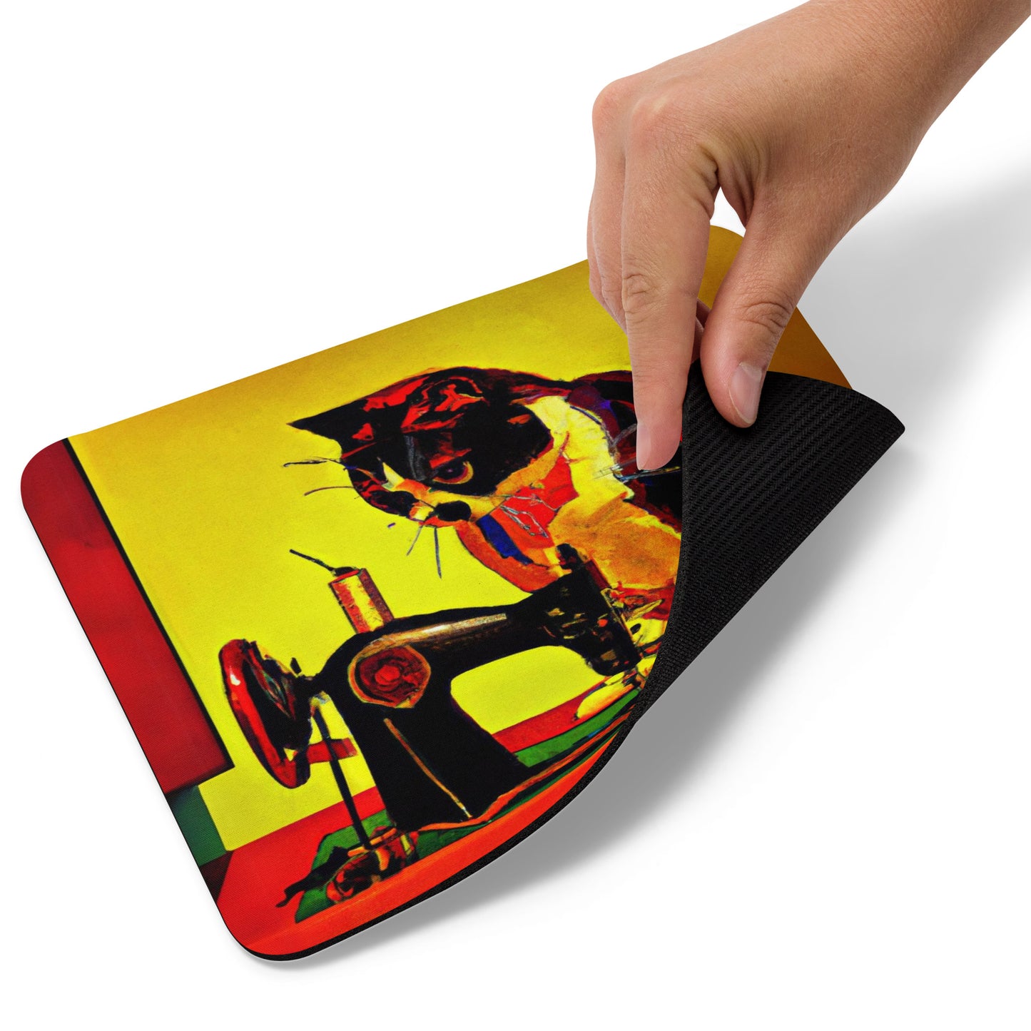 Artistic Mouse Pad with "Sewing Cat" Graphic Design, the perfect gift for people who love to sew