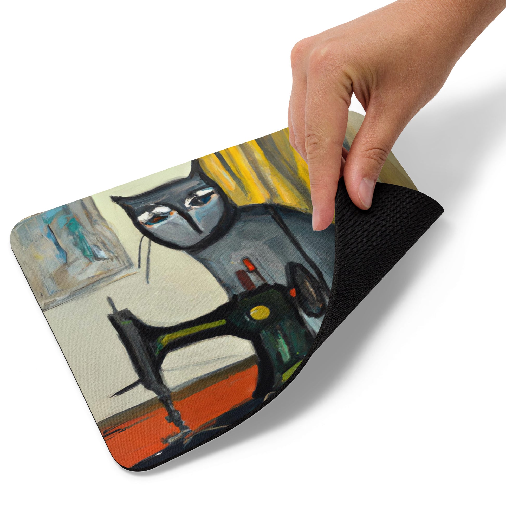 Artistic Mouse Pad with "Sewing Cat" Graphic Design, the perfect gift for people who love to sew