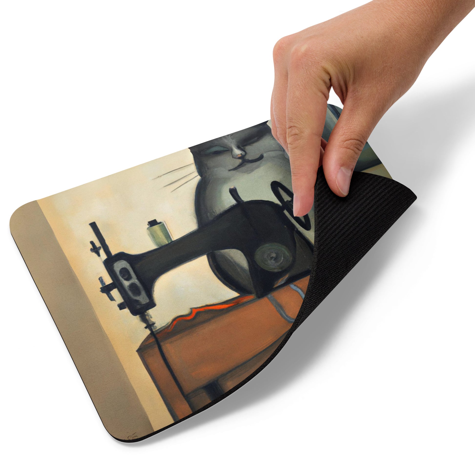 Artistic Mouse Pad with "Sewing Cat" Graphic Design, the perfect gift for people who love to sew