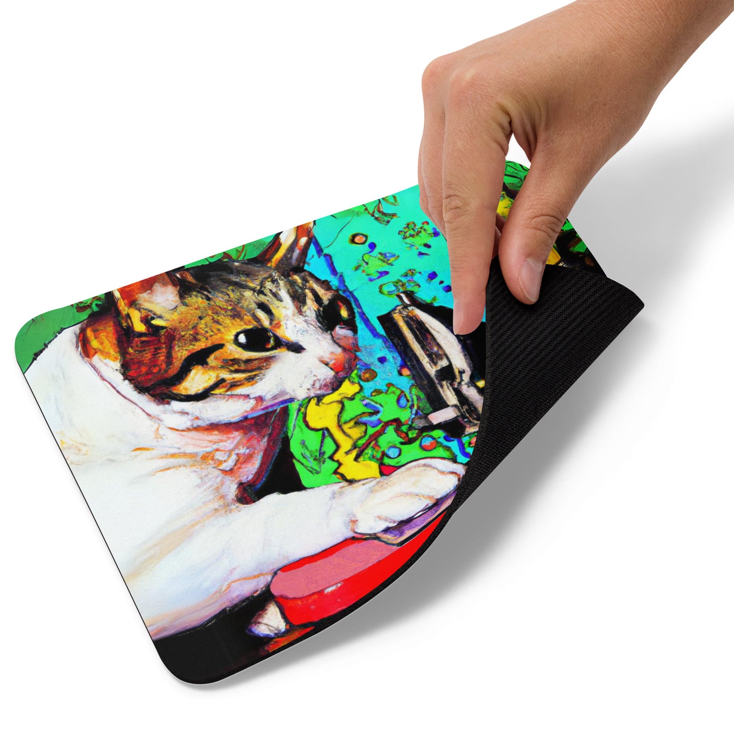 Artistic Mouse Pad with "Sewing Cat" Graphic Design, the perfect gift for people who love to sew