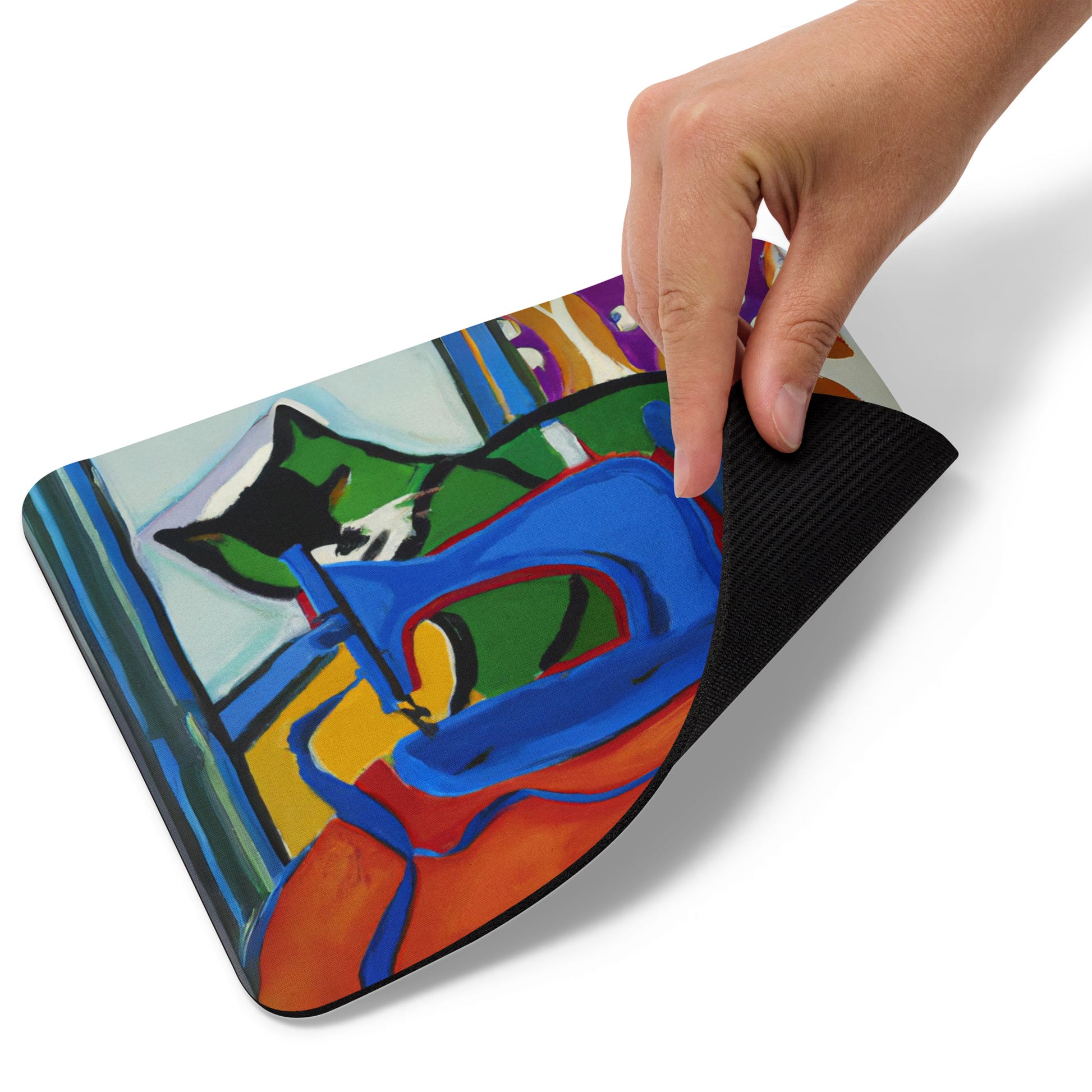 Artistic Mouse Pad with "Sewing Cat" Graphic Design, the perfect gift for people who love to sew