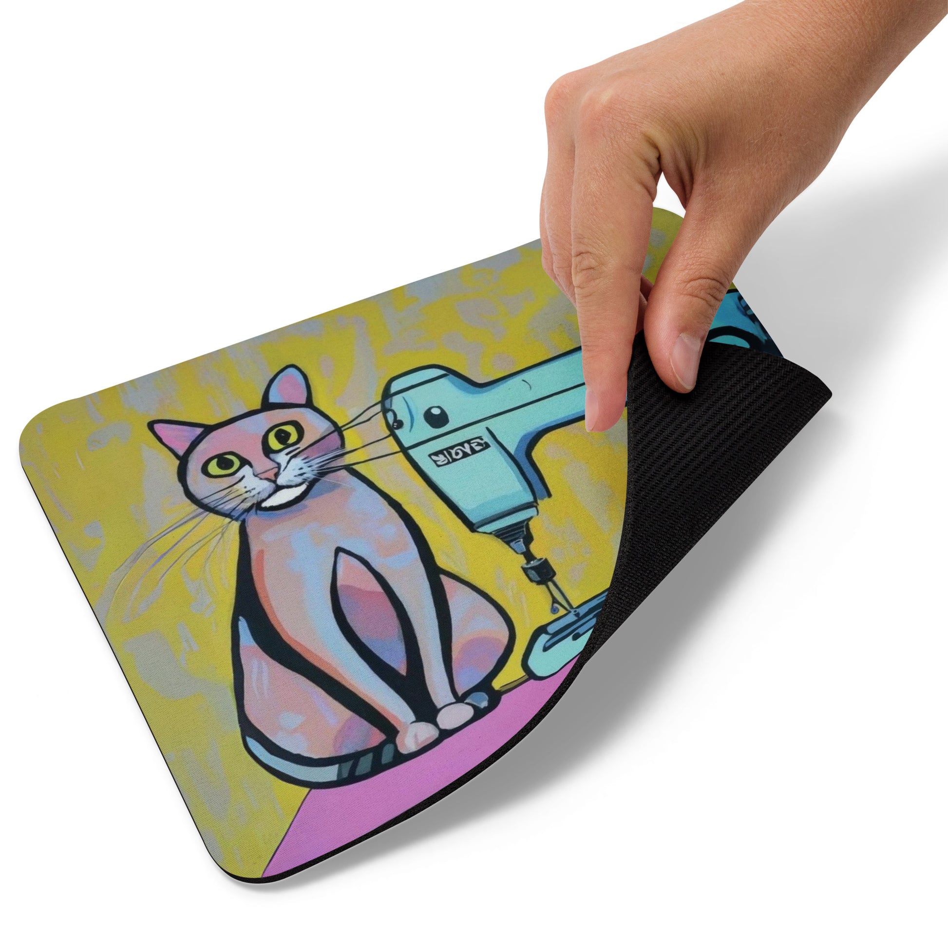 Artistic Mouse Pad with "Sewing Cat" Graphic Design, the perfect gift for people who love to sew