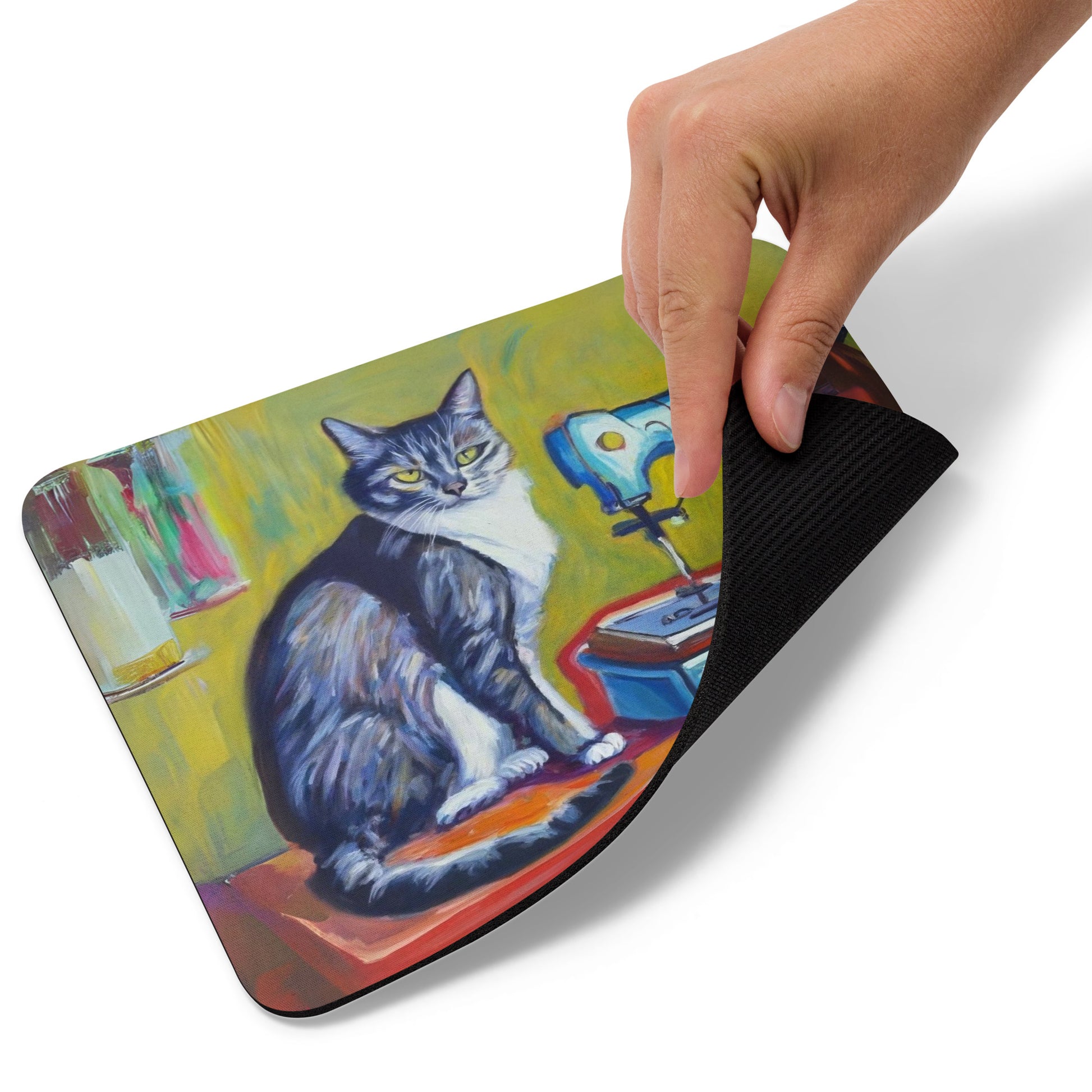 Artistic Mouse Pad with "Sewing Cat" Graphic Design, the perfect gift for people who love to sew