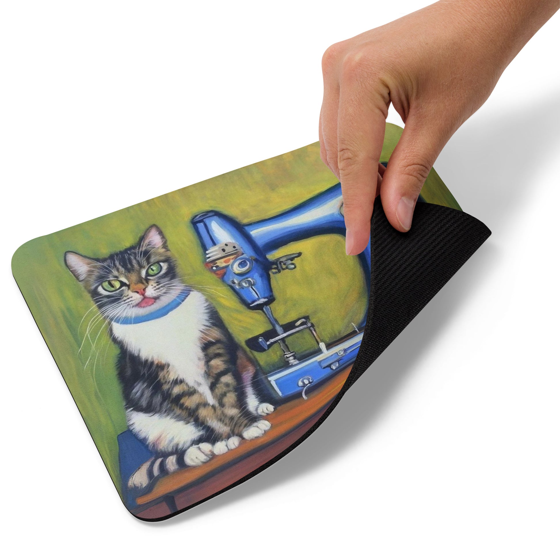 Artistic Mouse Pad with "Sewing Cat" Graphic Design, the perfect gift for people who love to sew