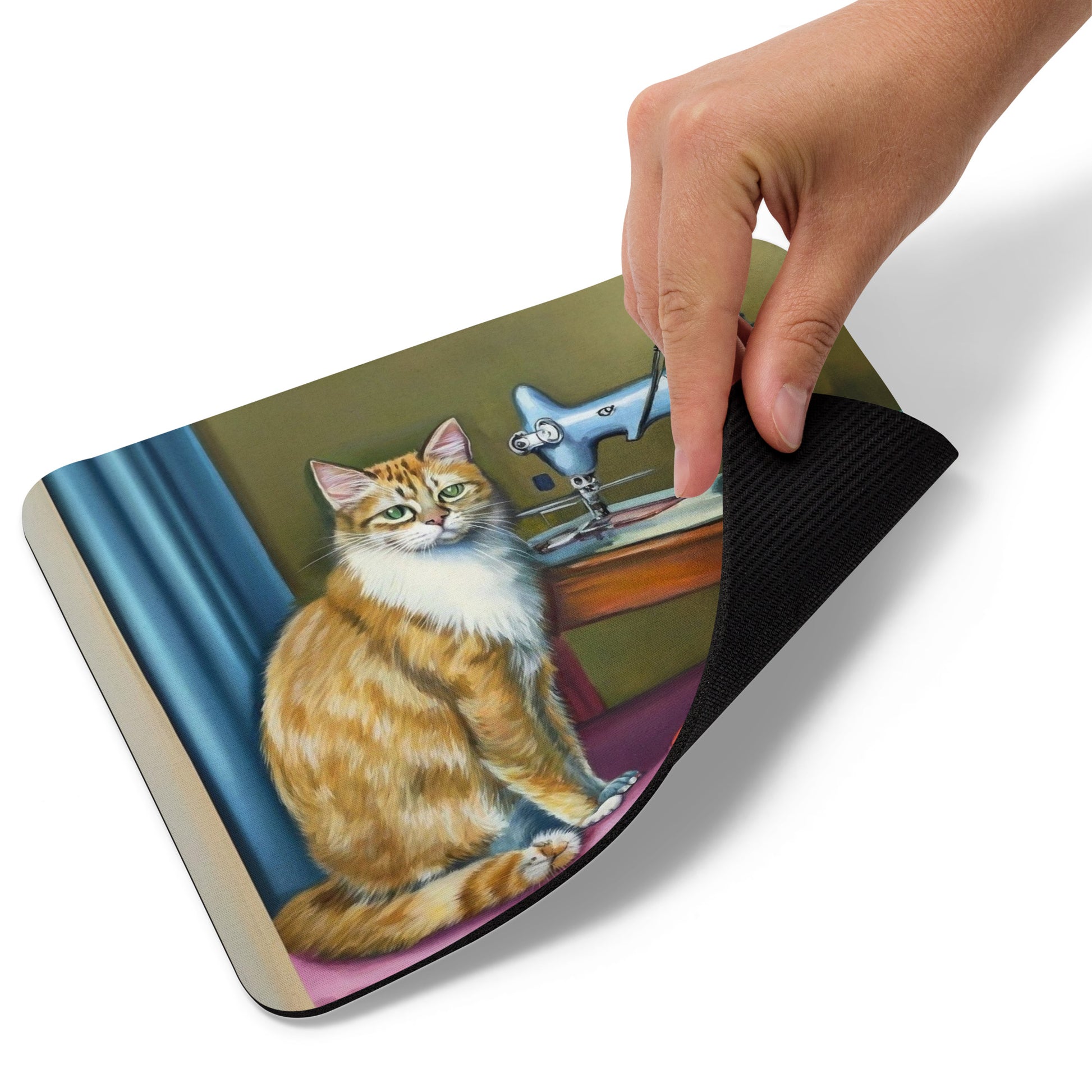 Artistic Mouse Pad with "Sewing Cat" Graphic Design, the perfect gift for people who love to sew