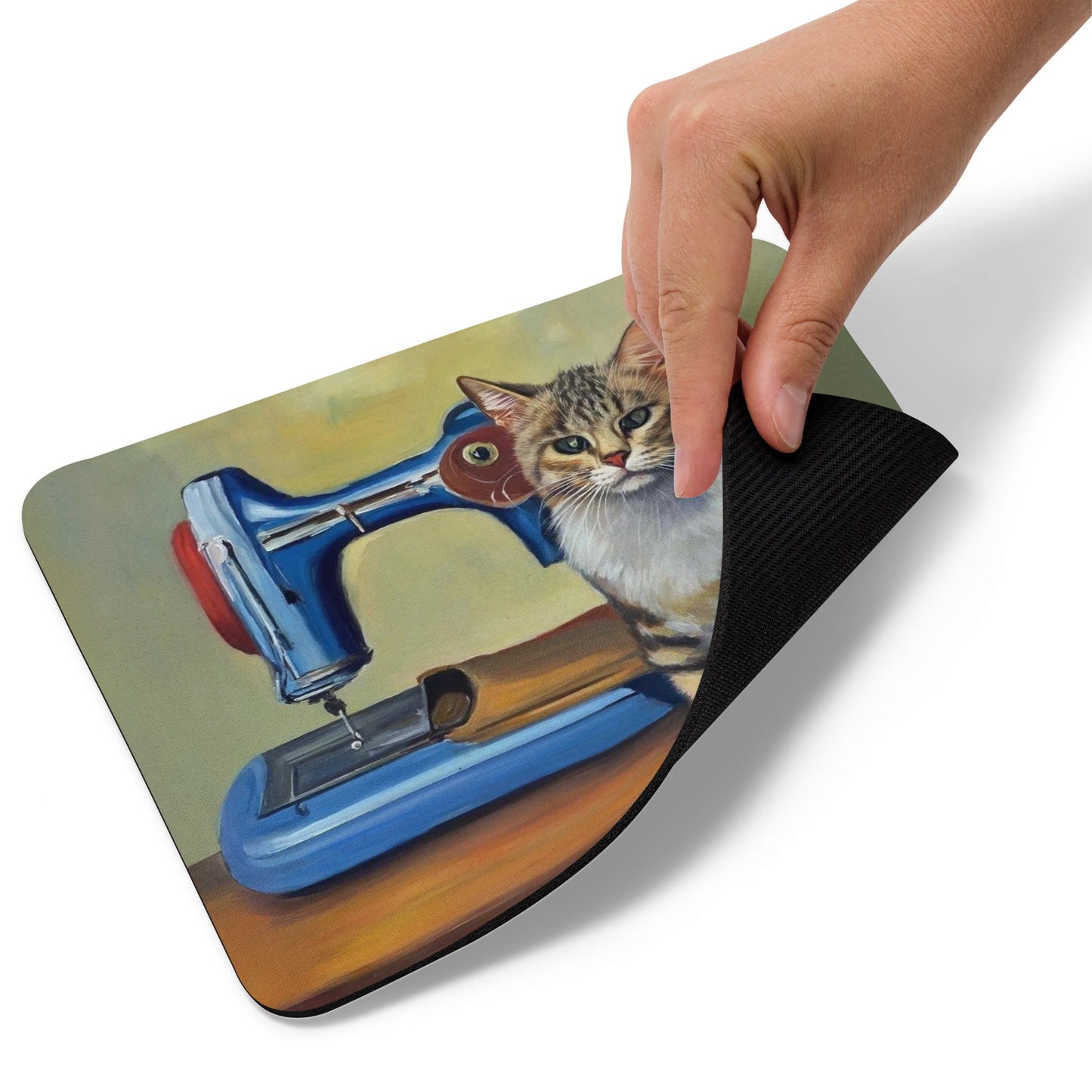 Artistic Mouse Pad with "Sewing Cat" Graphic Design, the perfect gift for people who love to sew