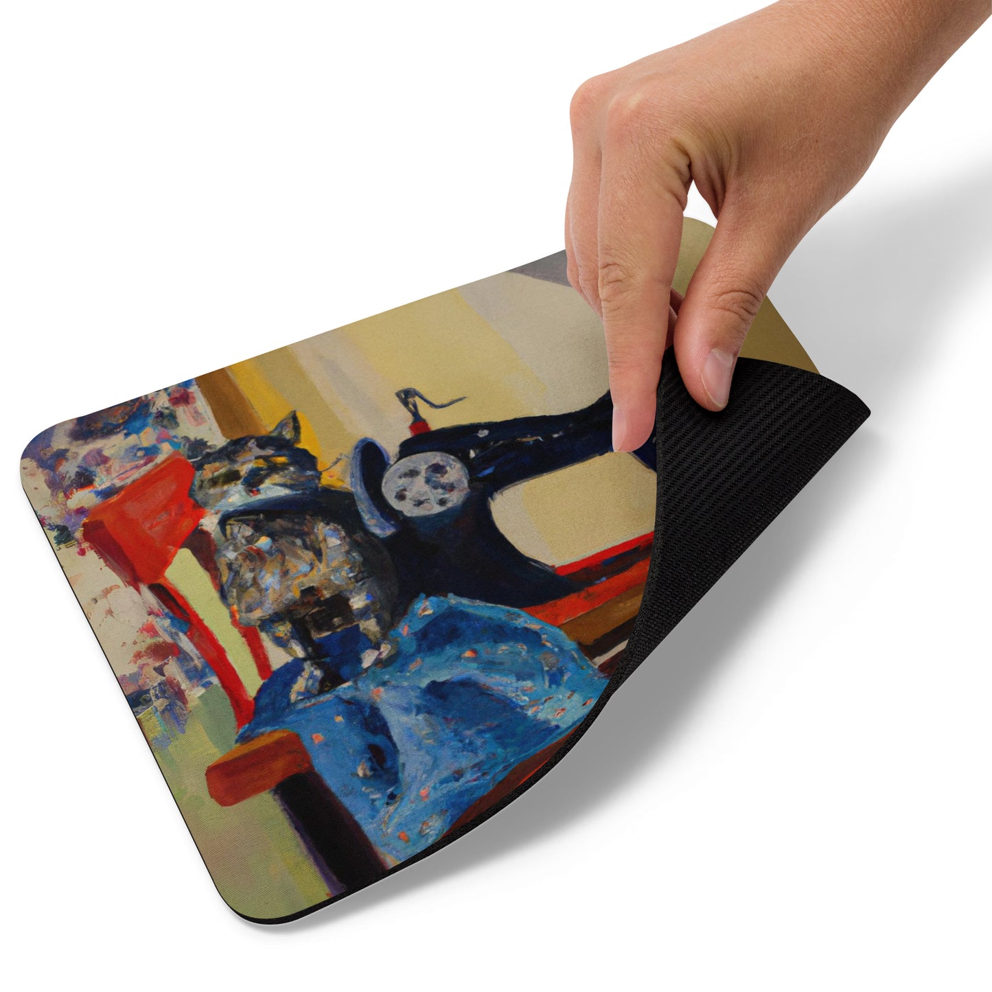 Artistic Mouse Pad with "Sewing Cat" Graphic Design, the perfect gift for people who love to sew