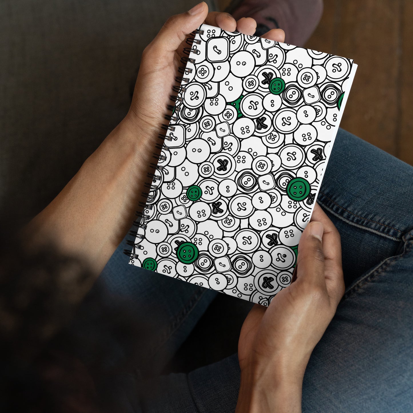 Spiral Notebook with "Green Buttons" design – The Perfect Gift for People who Love to Sew