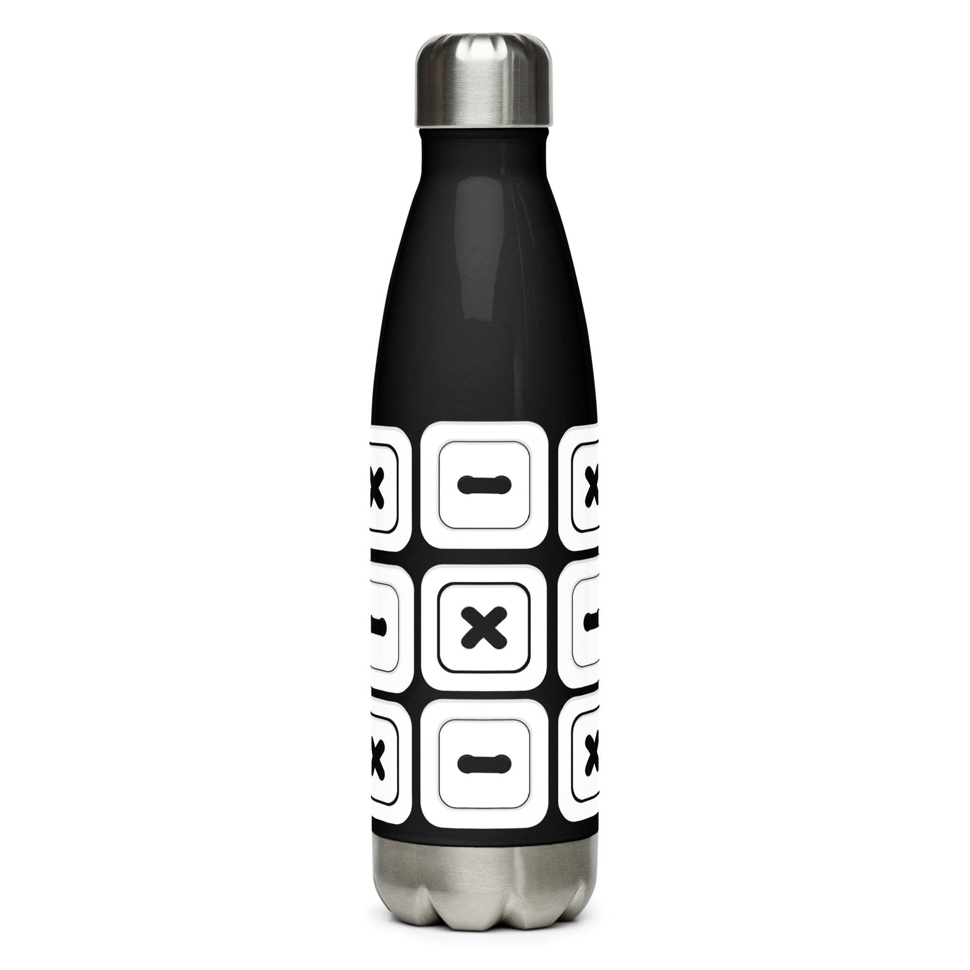 Black Stainless Steel Water Bottle with "Square Buttons" design -  the perfect gift for people who love to sew