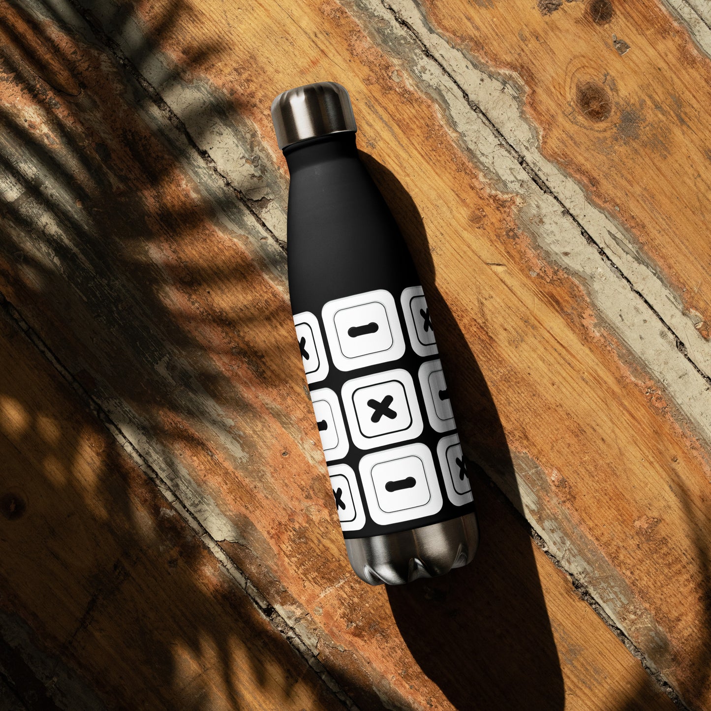 Black Stainless Steel Water Bottle with "Square Buttons" design -  the perfect gift for people who love to sew