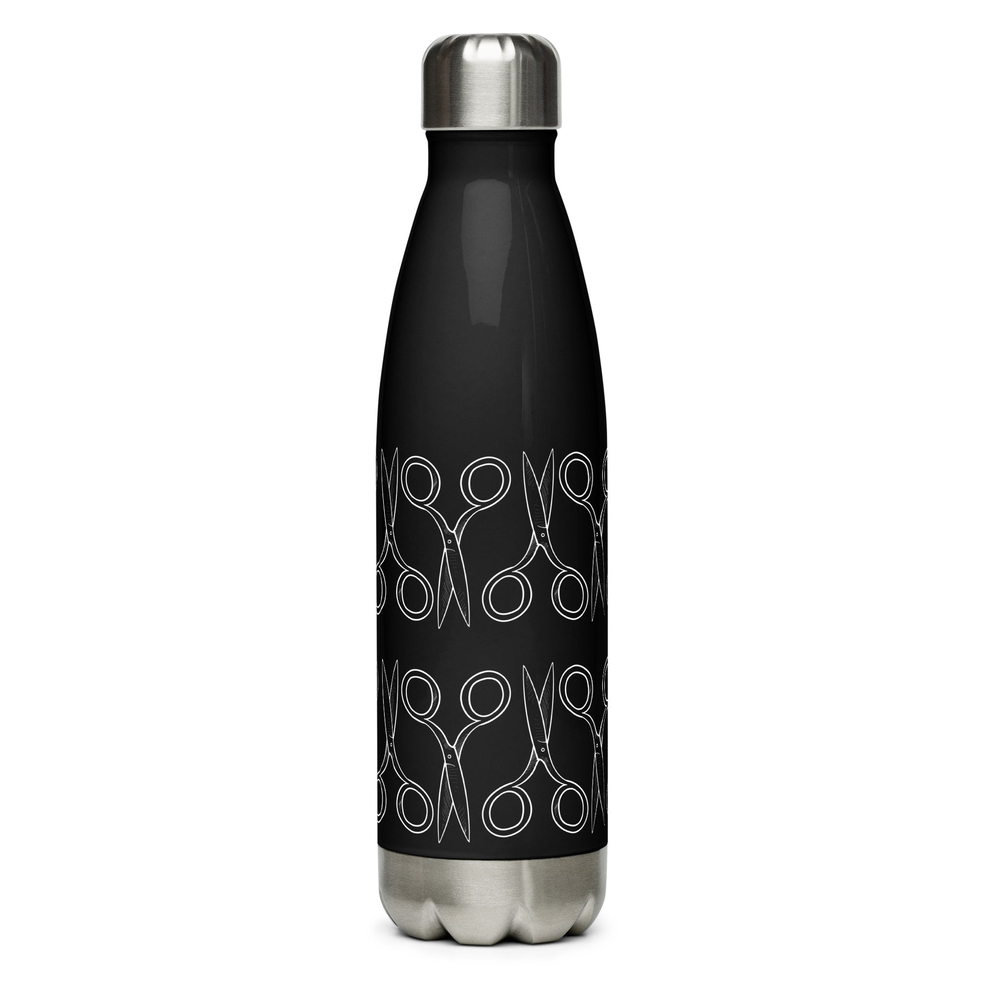 Black Stainless Steel Water Bottle with "Geometric Scissor" design -  the perfect gift for people who love to sew