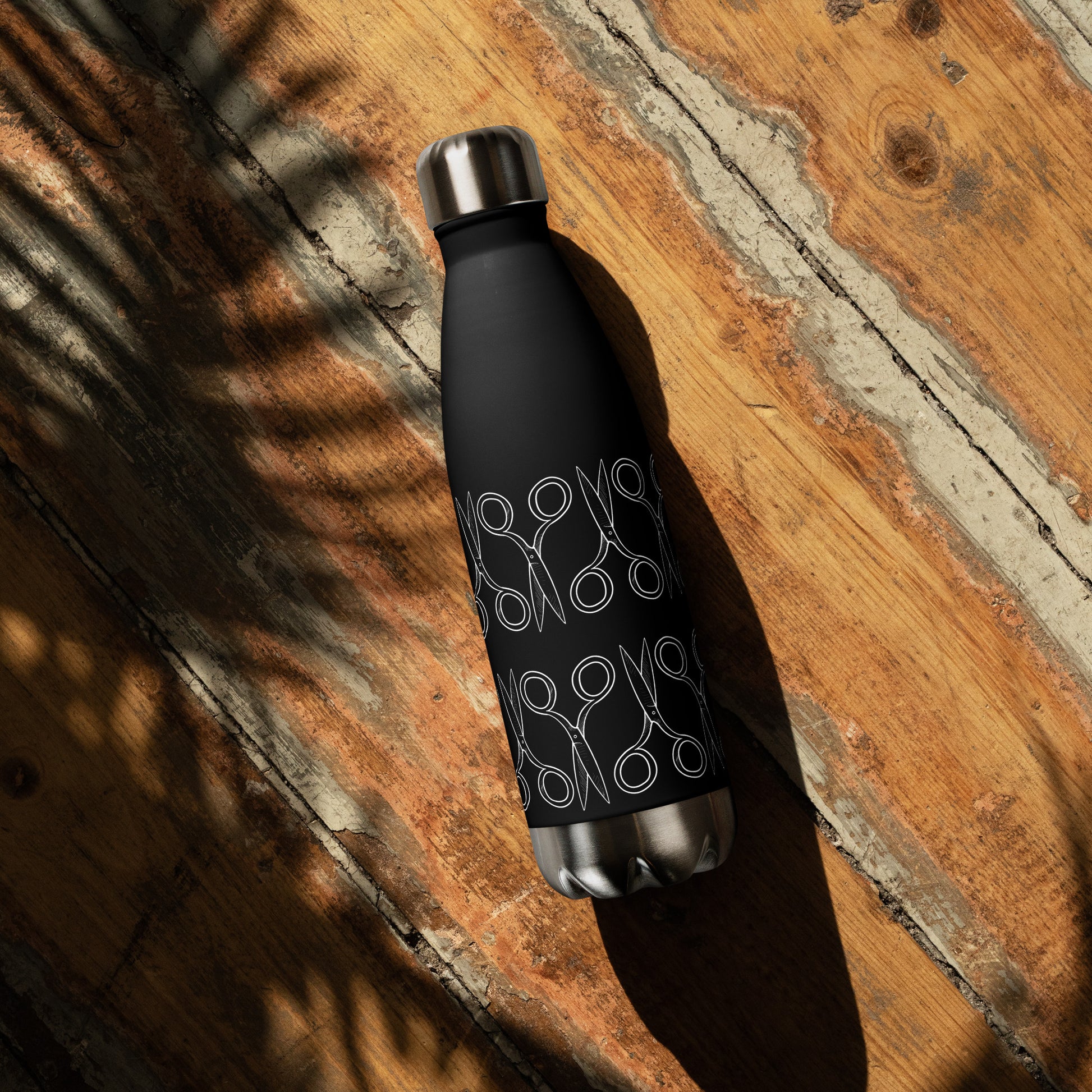 Black Stainless Steel Water Bottle with "Geometric Scissor" design -  the perfect gift for people who love to sew