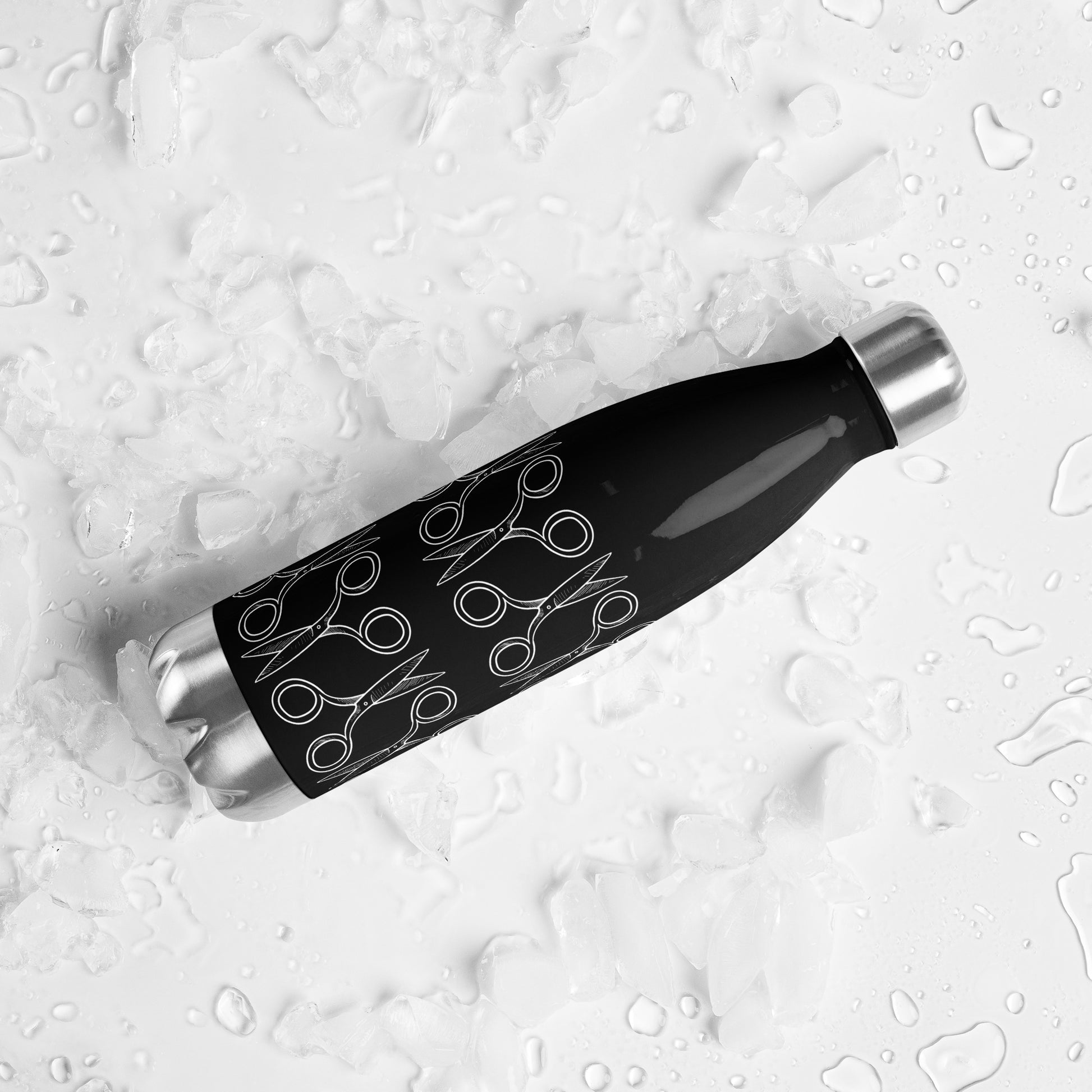 Black Stainless Steel Water Bottle with "Geometric Scissor" design -  the perfect gift for people who love to sew