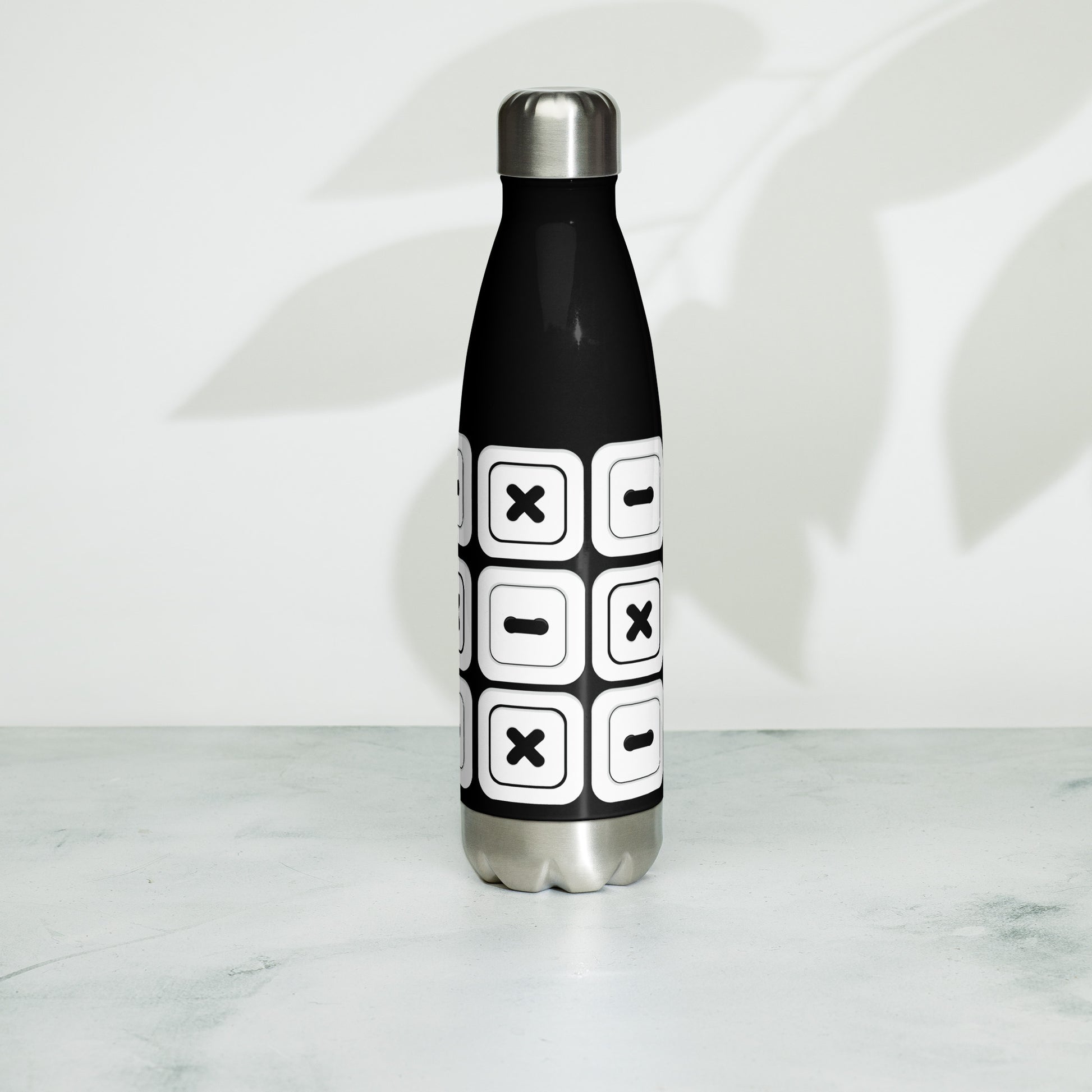 Black Stainless Steel Water Bottle with "Square Buttons" design -  the perfect gift for people who love to sew