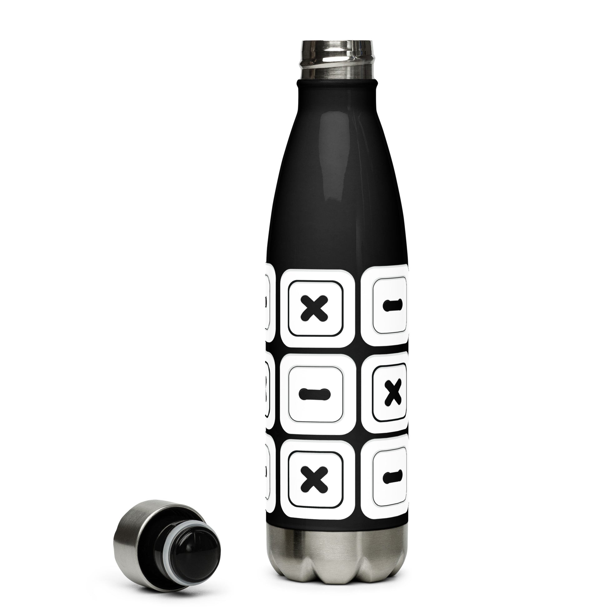 Black Stainless Steel Water Bottle with "Square Buttons" design -  the perfect gift for people who love to sew