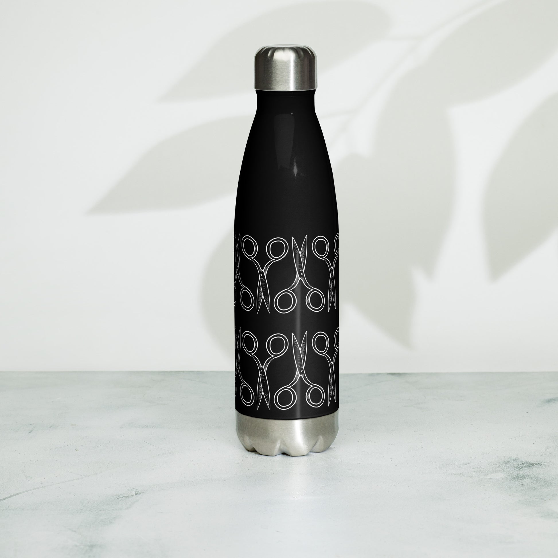 Black Stainless Steel Water Bottle with "Geometric Scissor" design -  the perfect gift for people who love to sew