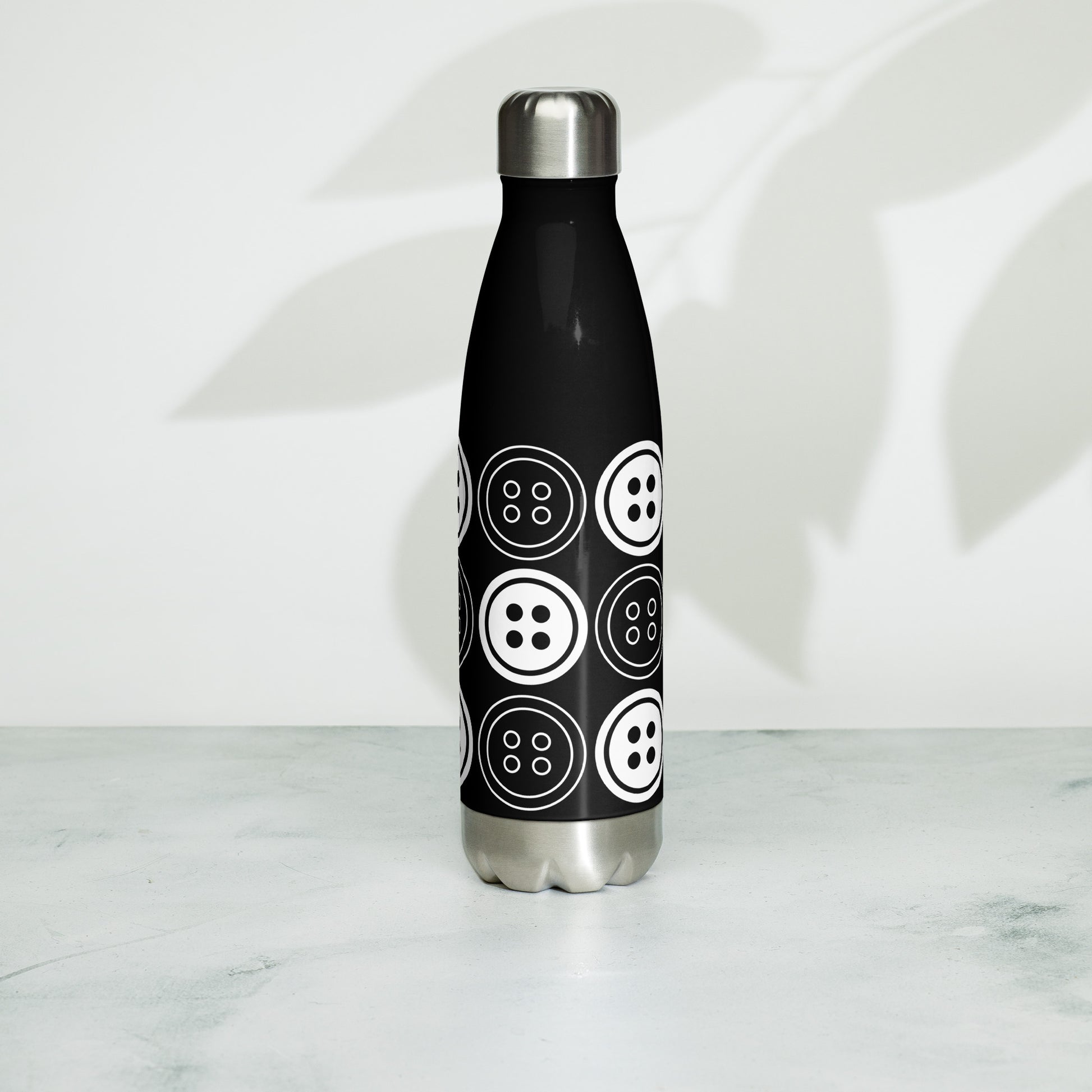 Black Stainless Steel Water Bottle with "Bold Buttons" design -  the perfect gift for people who love to sew