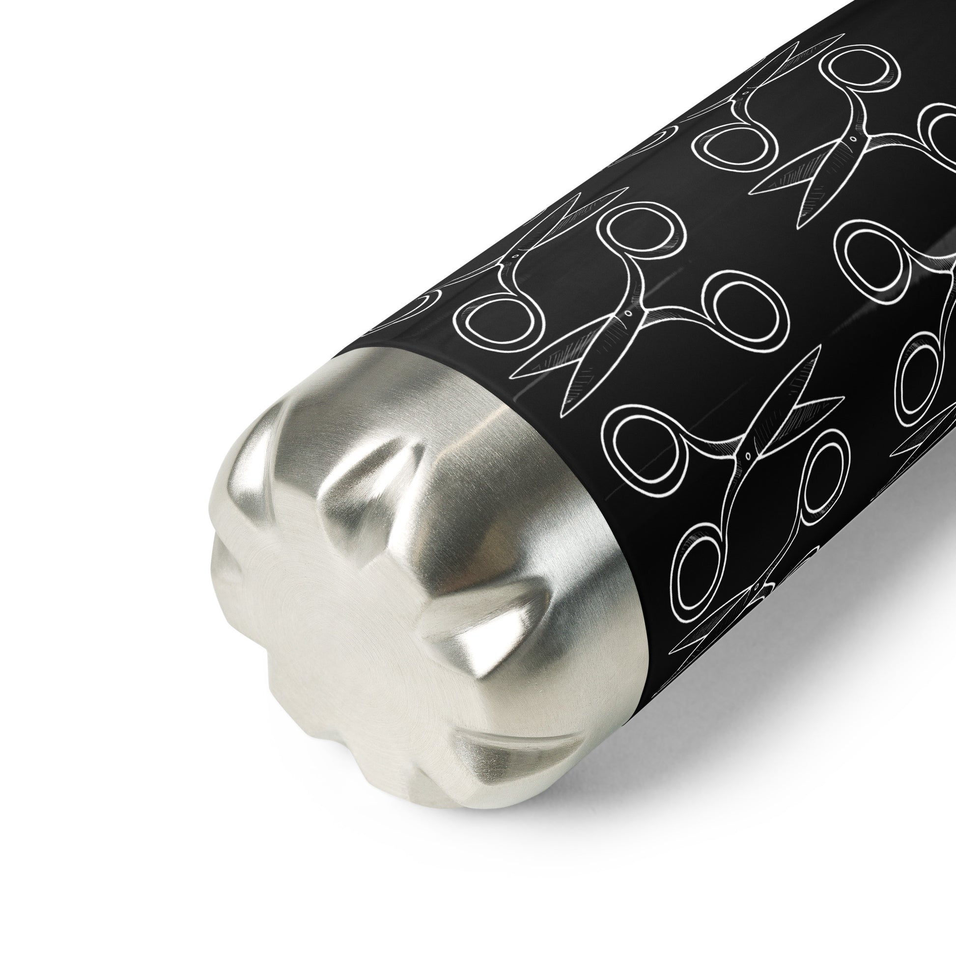 Black Stainless Steel Water Bottle with "Geometric Scissor" design -  the perfect gift for people who love to sew