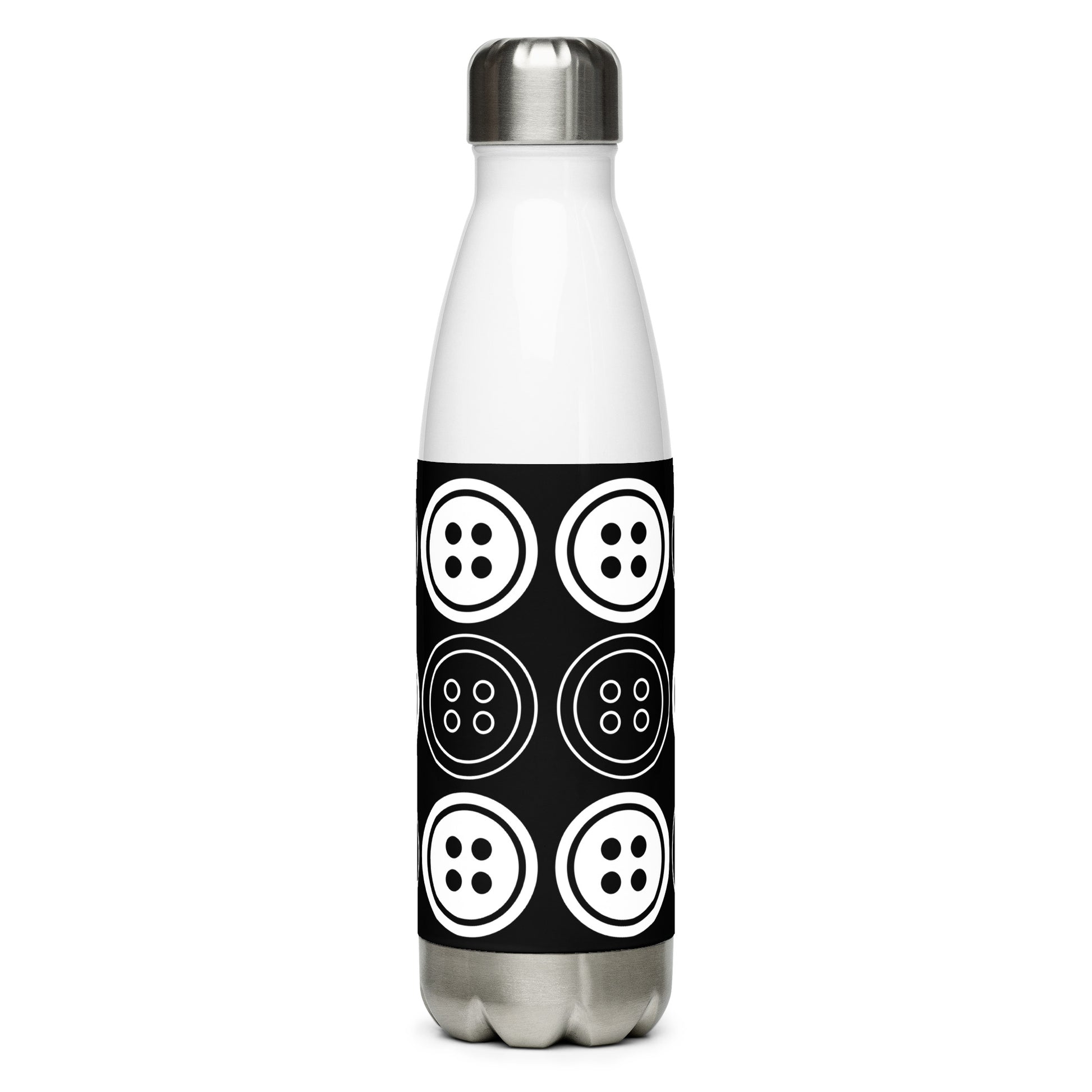 Black Stainless Steel Water Bottle with "Bold Buttons" design -  the perfect gift for people who love to sew