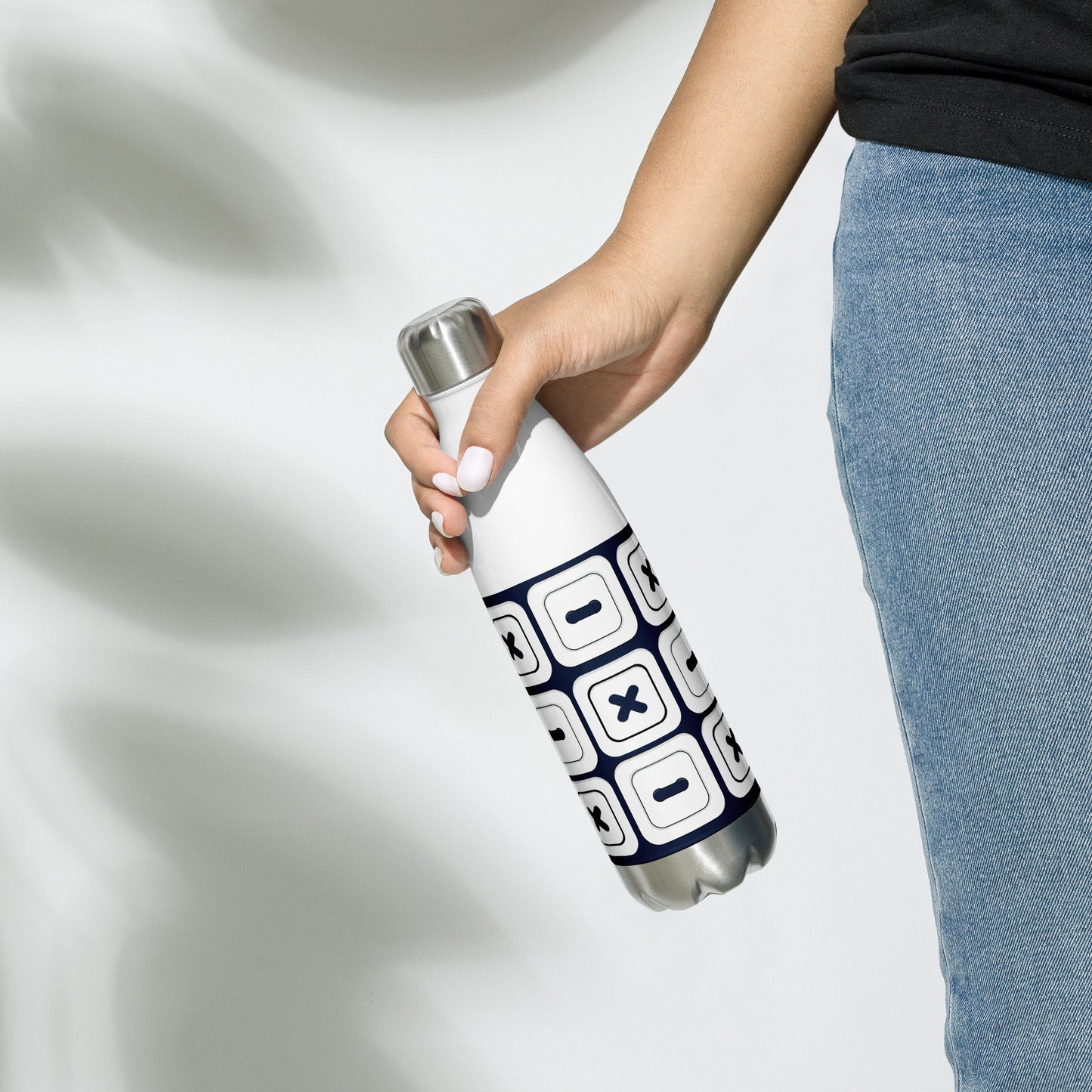 Navy Stainless Steel Water Bottle with "Square Buttons" design -  the perfect gift for people who love to sew