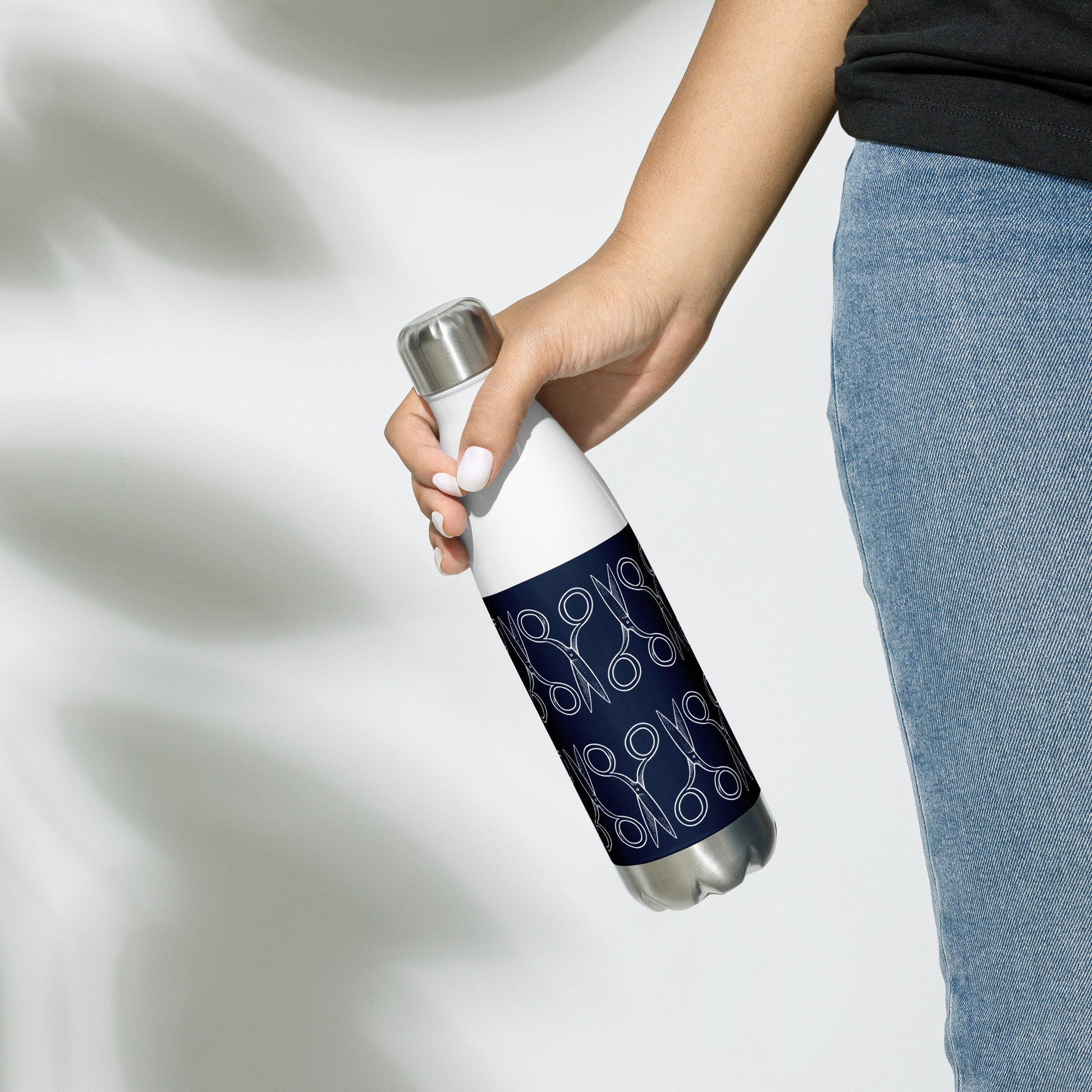 Navy Stainless Steel Water Bottle with "Geometric Scissor" design -  the perfect gift for people who love to sew