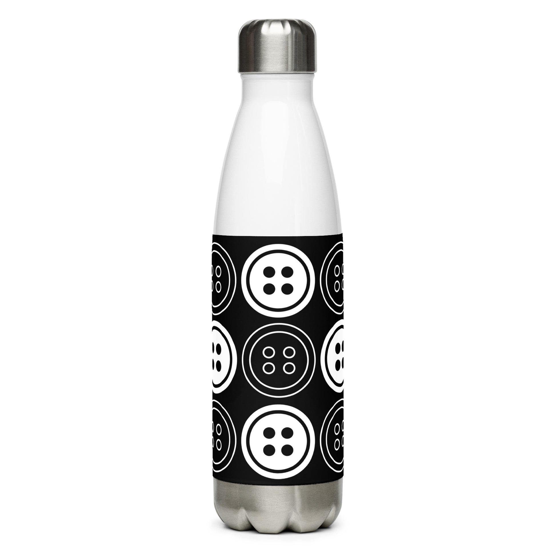 Black Stainless Steel Water Bottle with "Bold Buttons" design -  the perfect gift for people who love to sew