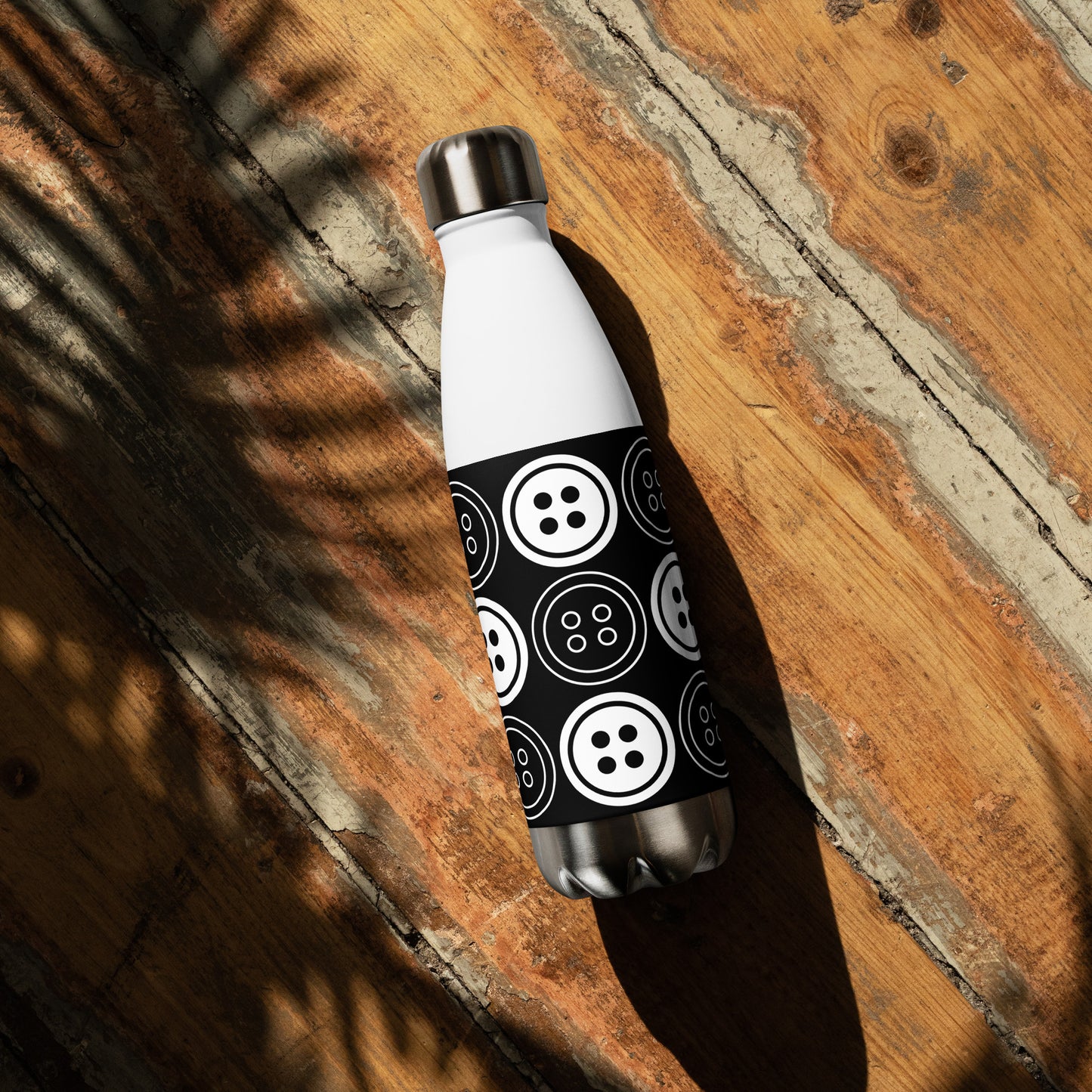 Black Stainless Steel Water Bottle with "Bold Buttons" design -  the perfect gift for people who love to sew