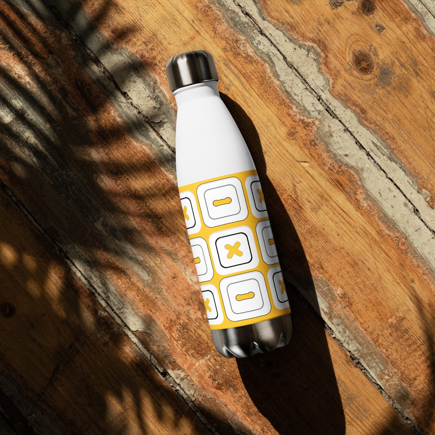 Yellow Stainless Steel Water Bottle with "Square Buttons" design -  the perfect gift for people who love to sew