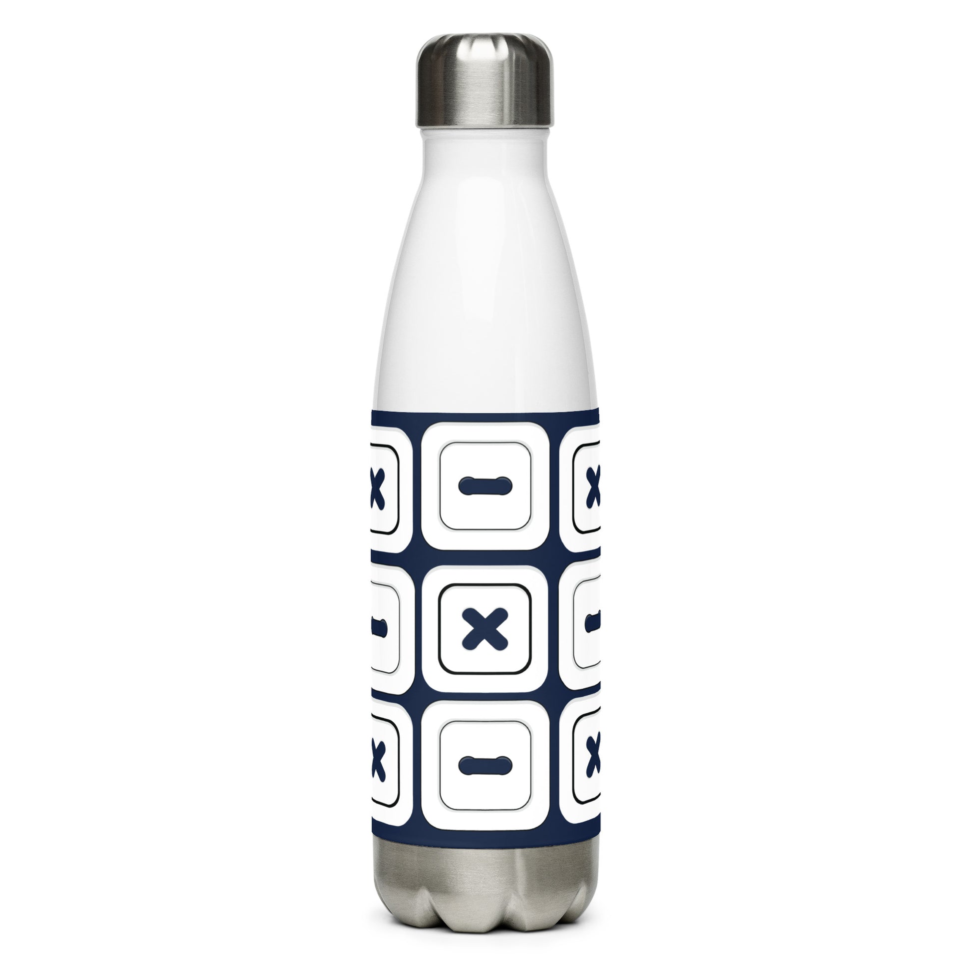 Navy Stainless Steel Water Bottle with "Square Buttons" design -  the perfect gift for people who love to sew