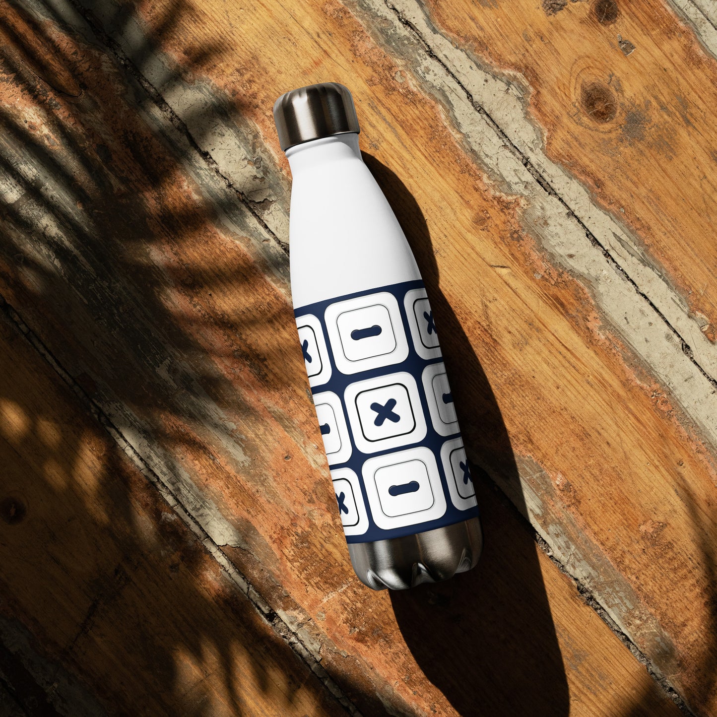 Navy Stainless Steel Water Bottle with "Square Buttons" design -  the perfect gift for people who love to sew