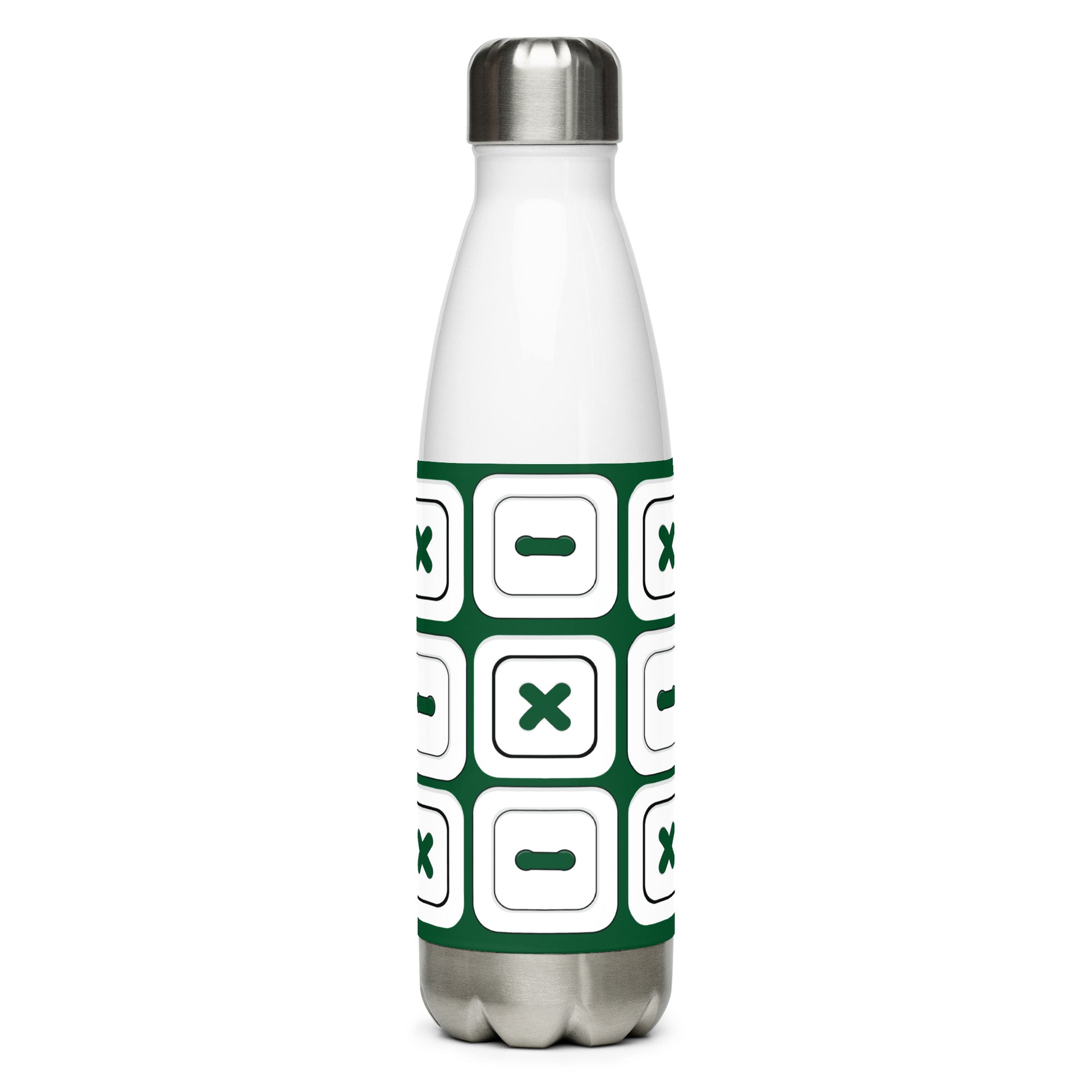 Forest Green Stainless Steel Water Bottle with "Square Buttons" design -  the perfect gift for people who love to sew