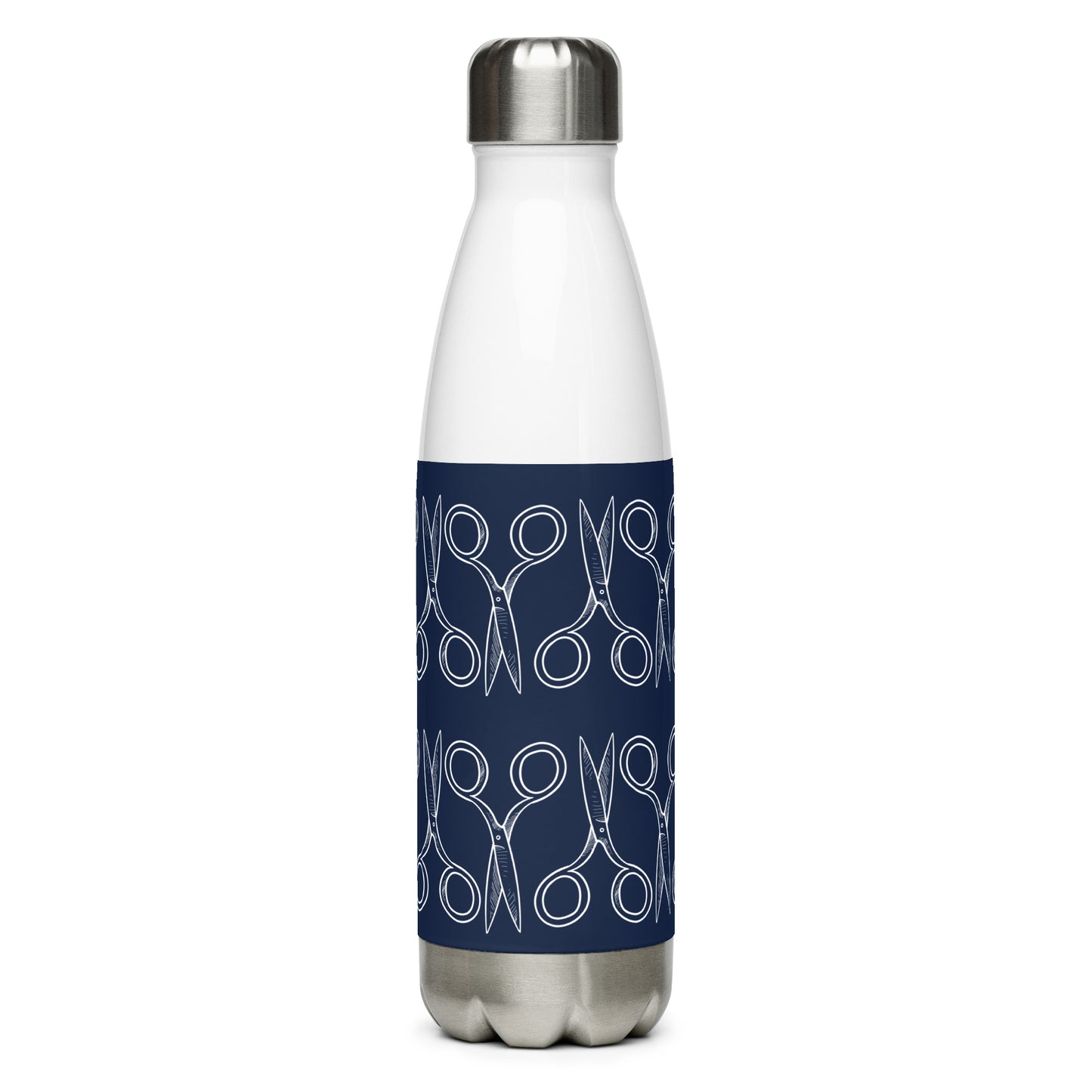 Navy Stainless Steel Water Bottle with "Geometric Scissor" design -  the perfect gift for people who love to sew