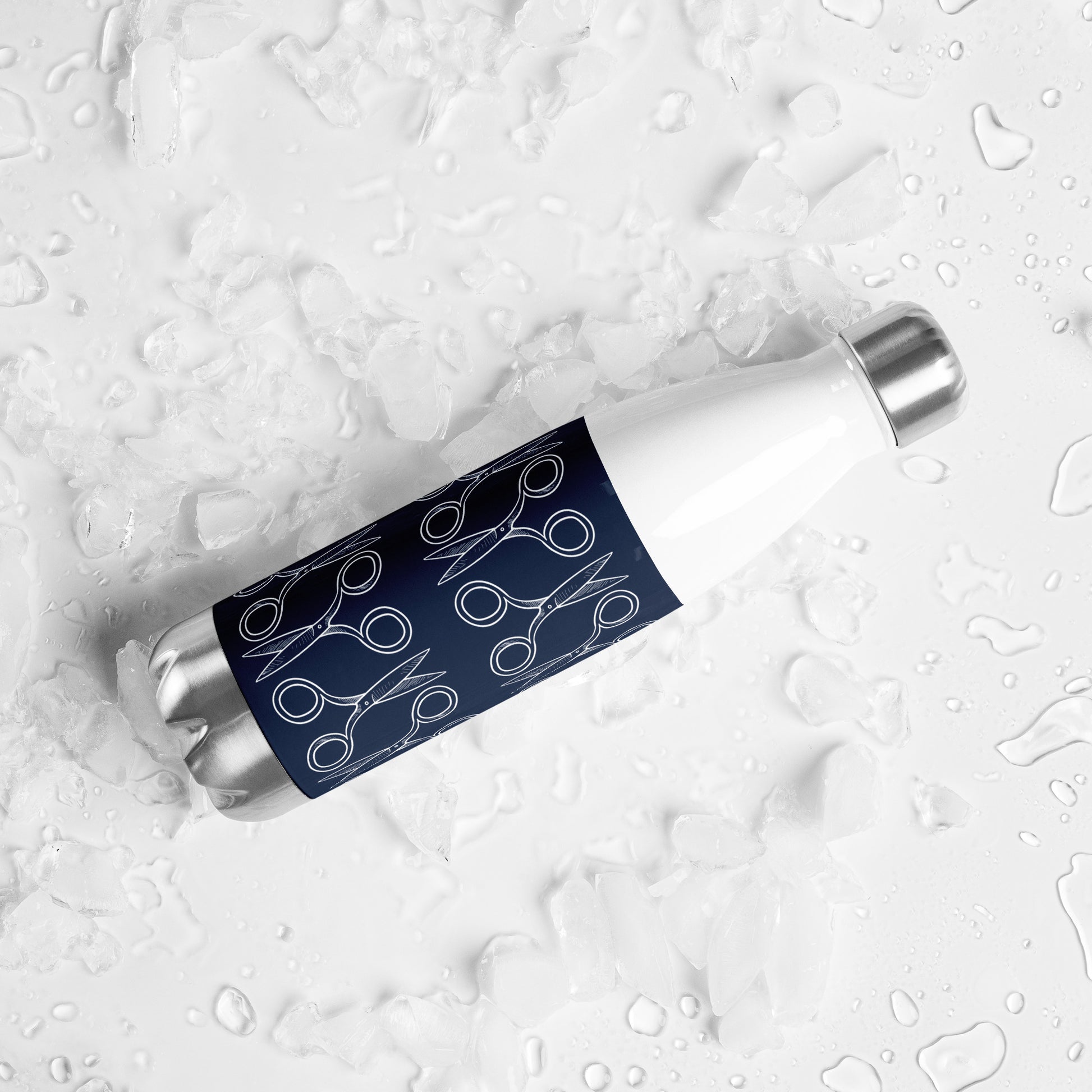 Navy Stainless Steel Water Bottle with "Geometric Scissor" design -  the perfect gift for people who love to sew