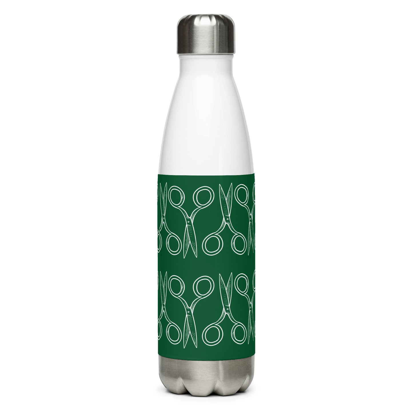 Forest Green Stainless Steel Water Bottle with "Geometric Scissor" design -  the perfect gift for people who love to sew