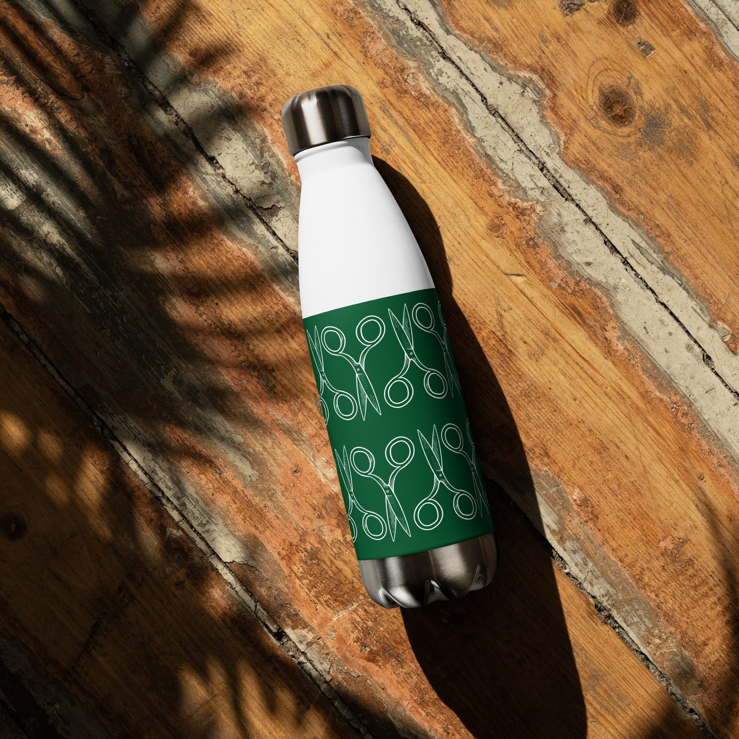 Forest Green Stainless Steel Water Bottle with "Geometric Scissor" design -  the perfect gift for people who love to sew