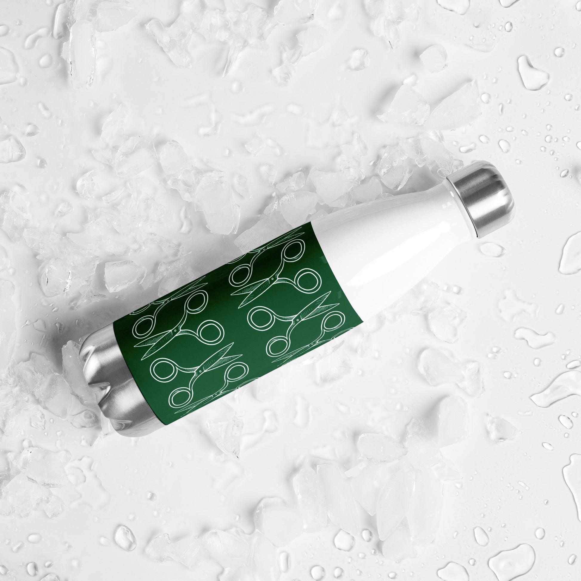 Forest Green Stainless Steel Water Bottle with "Geometric Scissor" design -  the perfect gift for people who love to sew