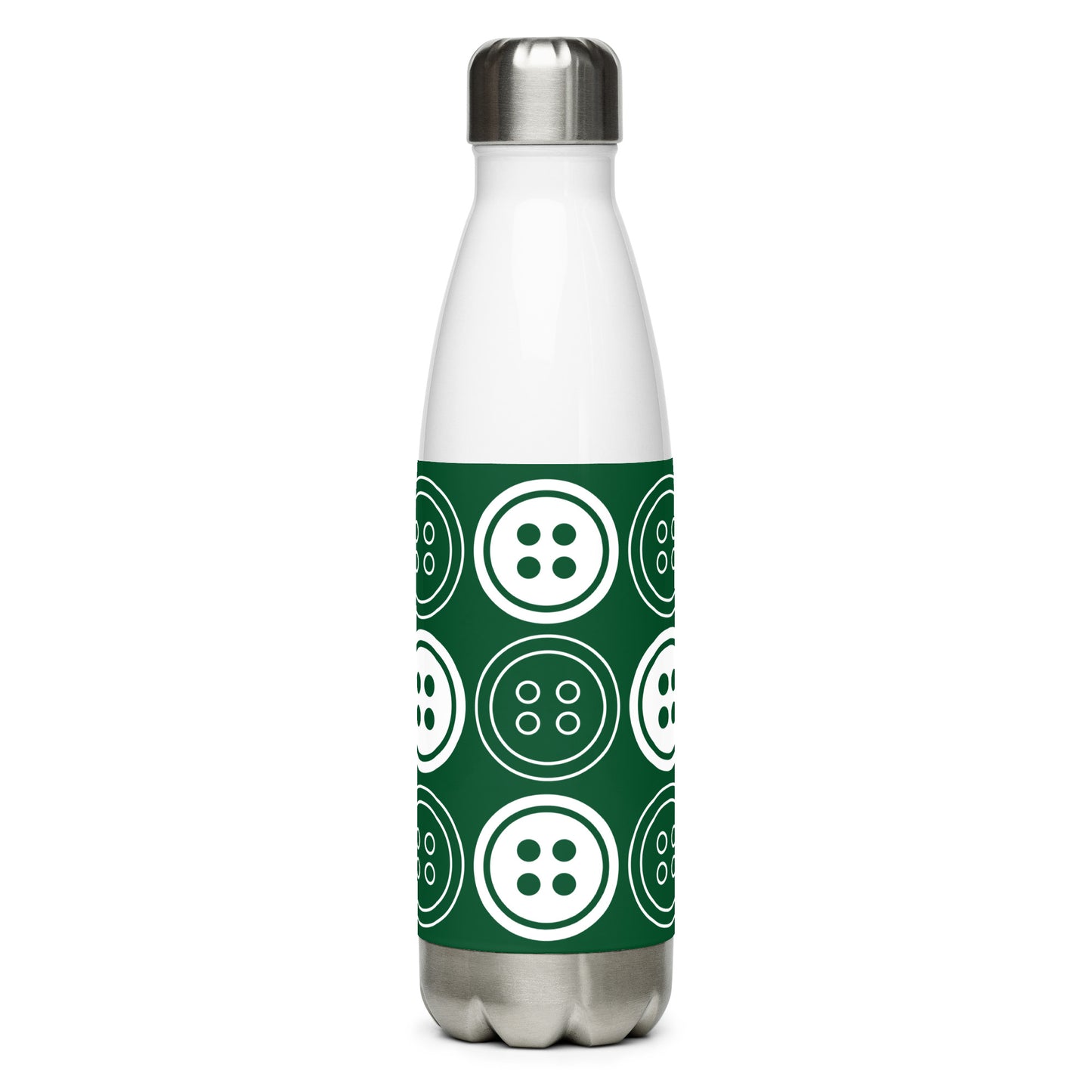 Forest Green Stainless Steel Water Bottle with "Bold Buttons" design -  the perfect gift for people who love to sew