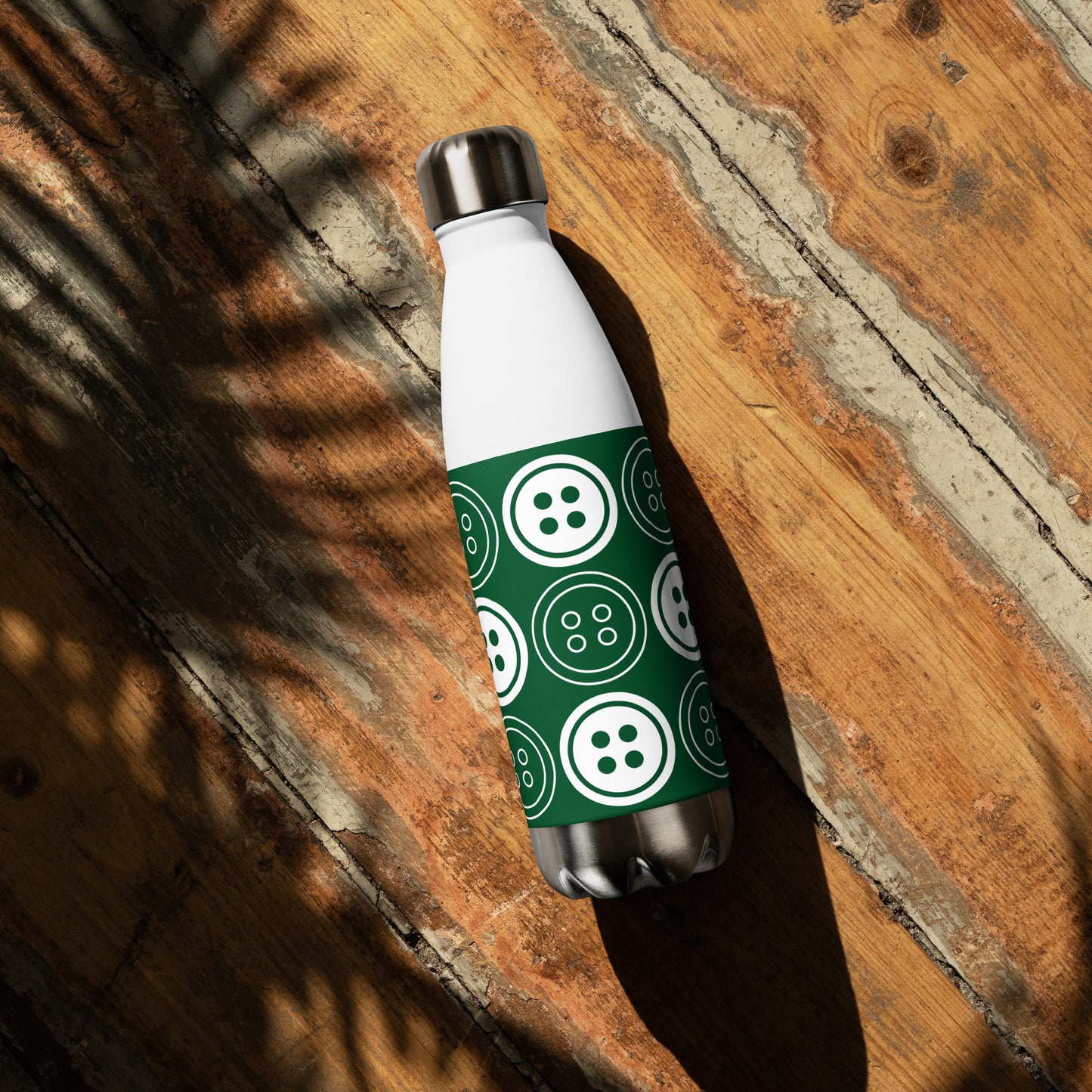 Forest Green Stainless Steel Water Bottle with "Bold Buttons" design -  the perfect gift for people who love to sewForest Green Stainless Steel Water Bottle with "Bold Buttons" design -  the perfect gift for people who love to sew