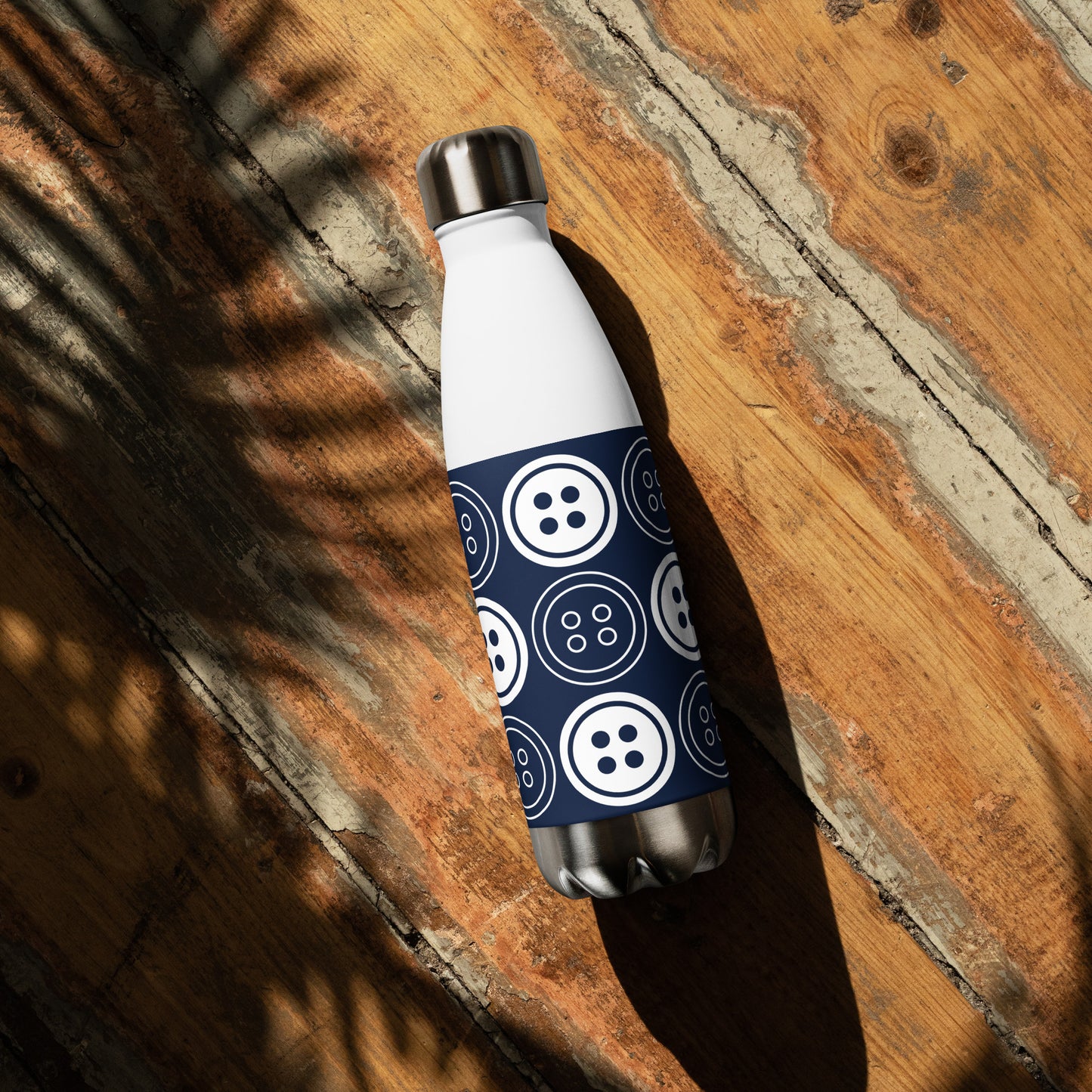 Navy Stainless Steel Water Bottle with "Bold Buttons" design -  the perfect gift for people who love to sew