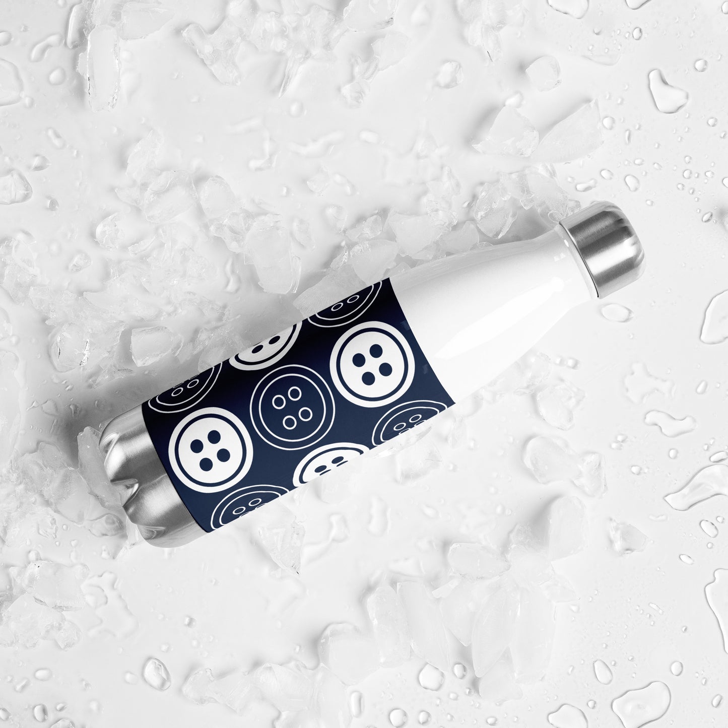 Navy Stainless Steel Water Bottle with "Bold Buttons" design -  the perfect gift for people who love to sew