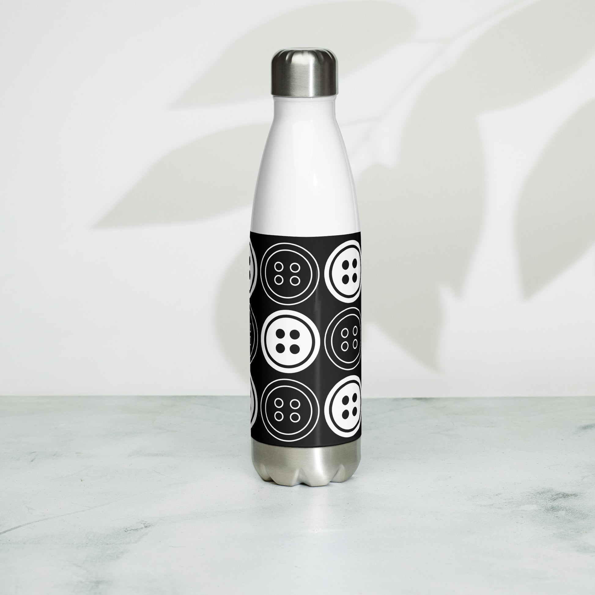 Black Stainless Steel Water Bottle with "Bold Buttons" design -  the perfect gift for people who love to sew