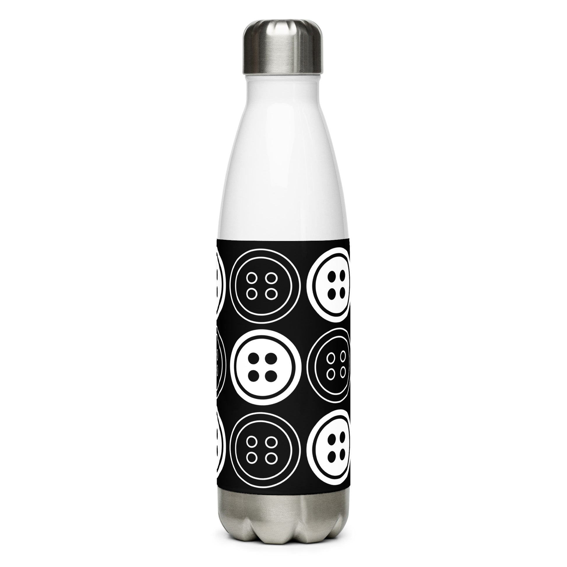 Black Stainless Steel Water Bottle with "Bold Buttons" design -  the perfect gift for people who love to sew