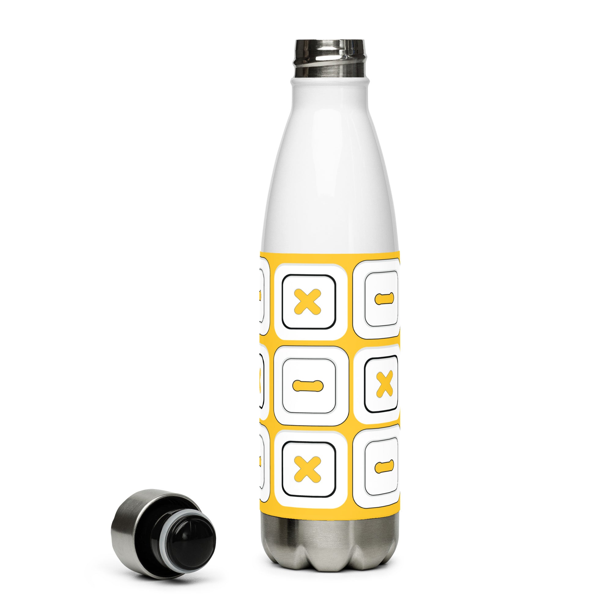 Yellow Stainless Steel Water Bottle with "Square Buttons" design -  the perfect gift for people who love to sew